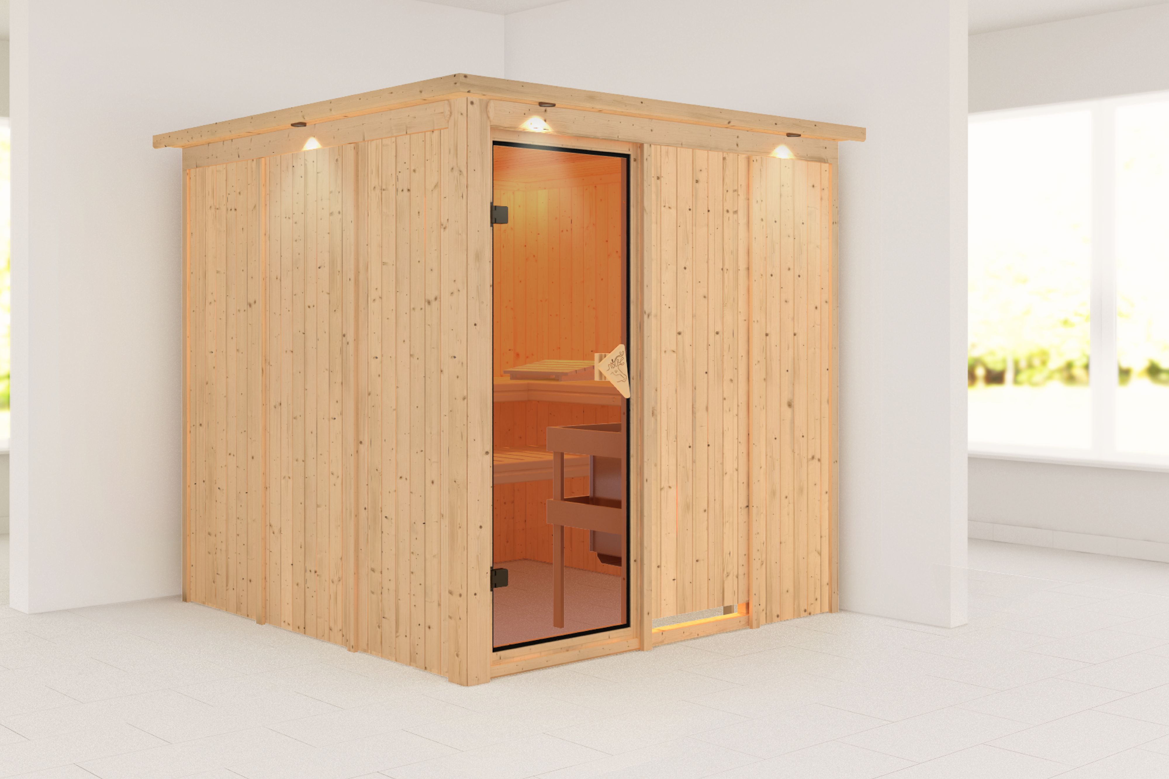Außenansicht der Karibu Sauna Rodin aus nordischer Fichte mit bronzierter Ganzglastür und Fronteinstieg