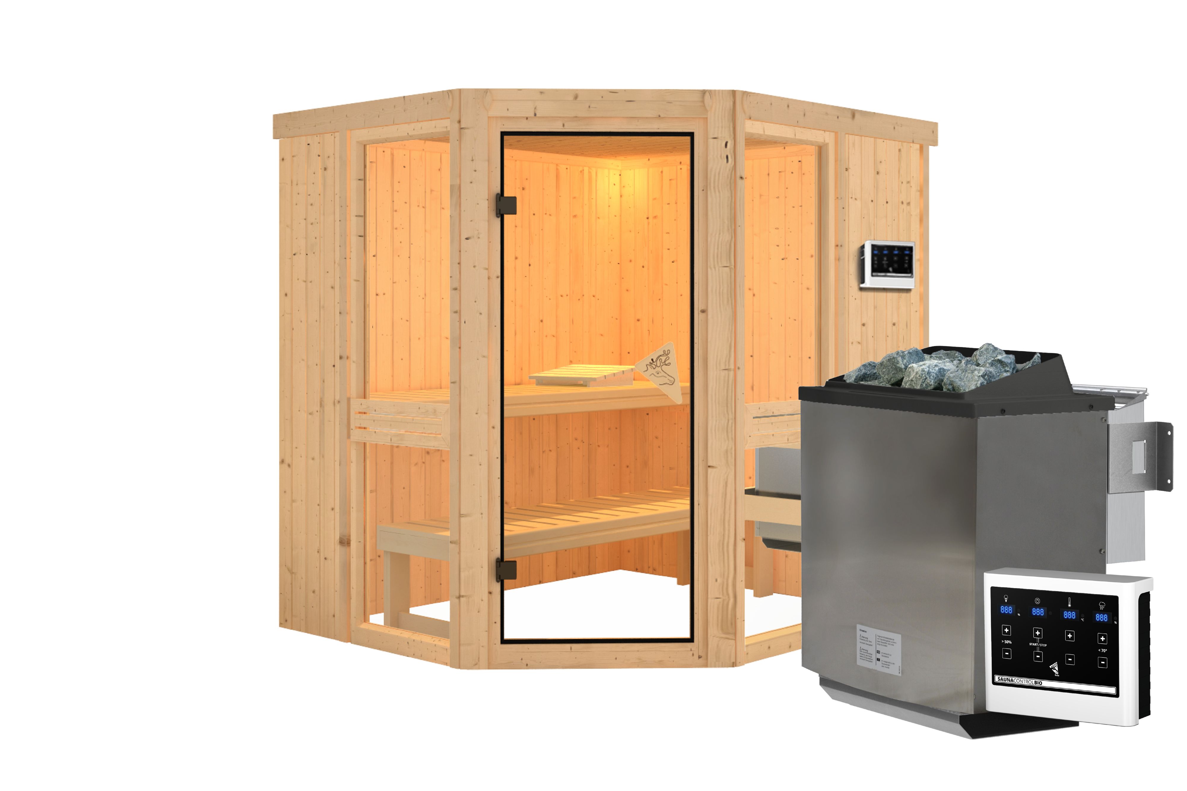 Innenansicht der Karibu Sauna Amelia 1 mit Liegen und Kopfstütze aus hellem Espenholz