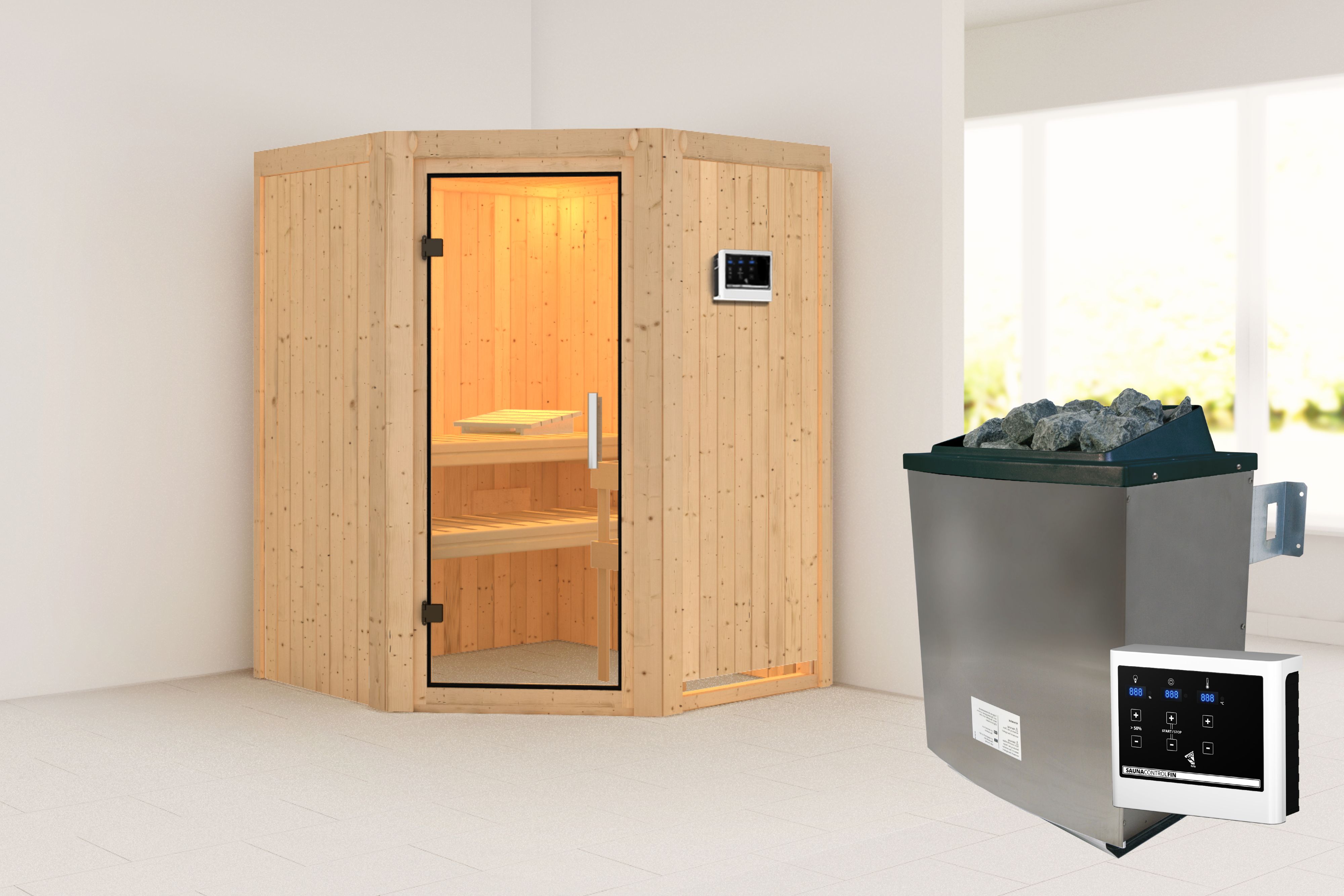 Außenansicht der Karibu Sauna Larin aus nordischer Fichte mit Klarglas-Ganzglastür und Fronteinstieg