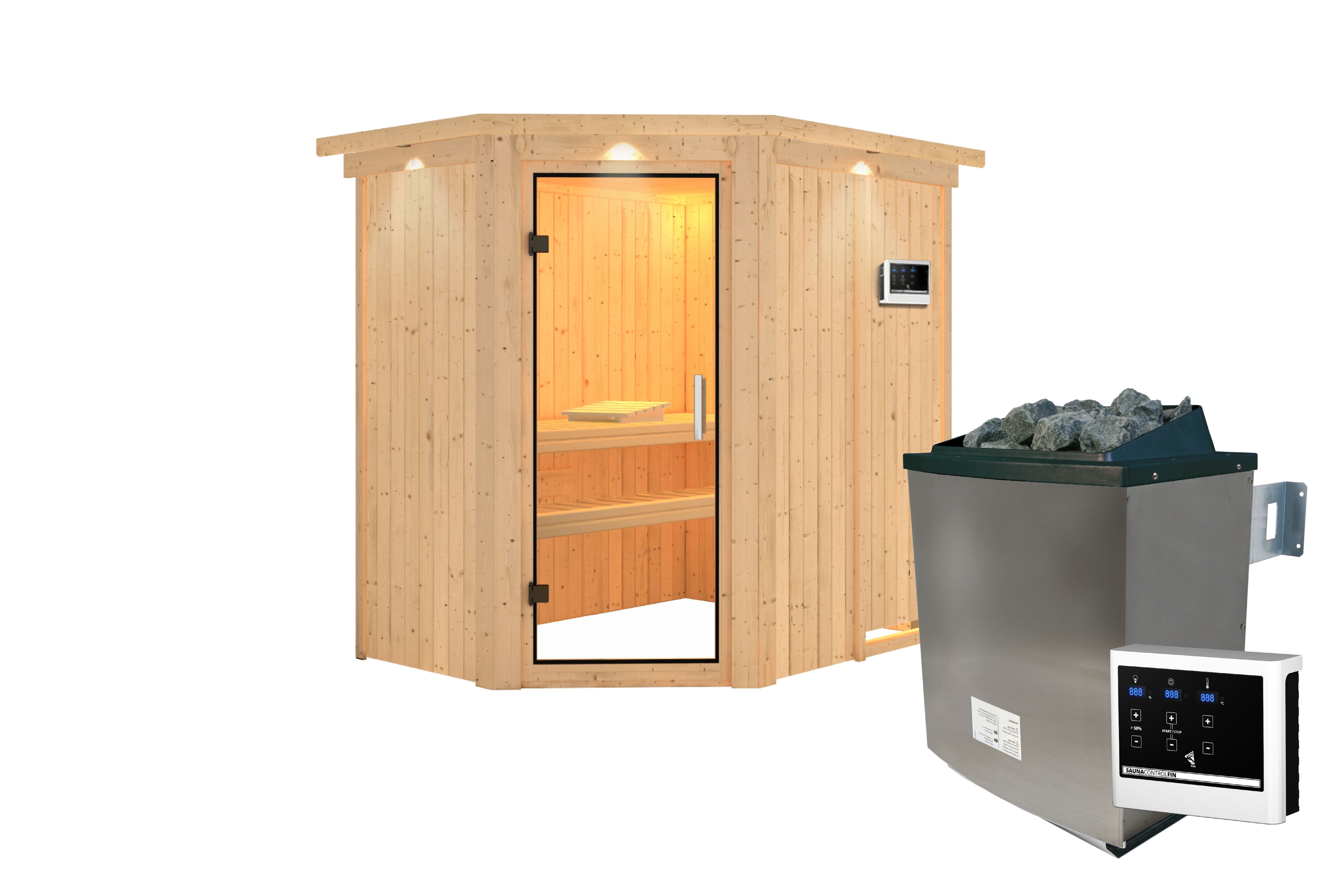 Innenansicht der Karibu Sauna Carin mit Liegen und Kopfstütze aus hellem Espenholz