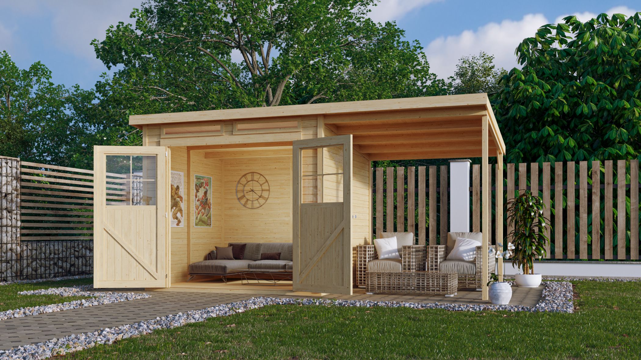 Karibu Gerätehaus Glücksburg 4 mit Anbaudach im Garten