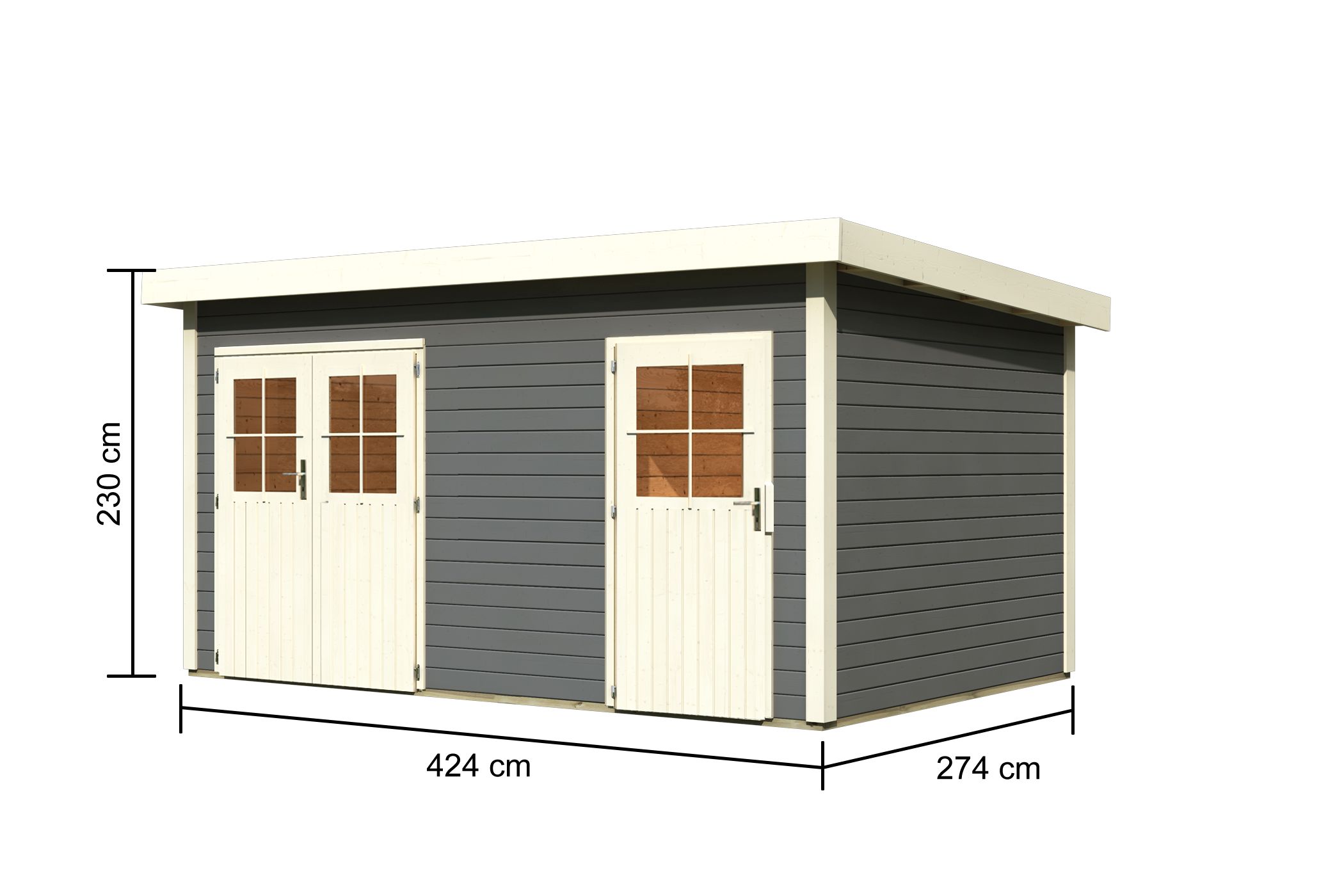 Bemaßte Maßzeichnung des Karibu Gartenhaus Mattrup, 424 × 274 cm