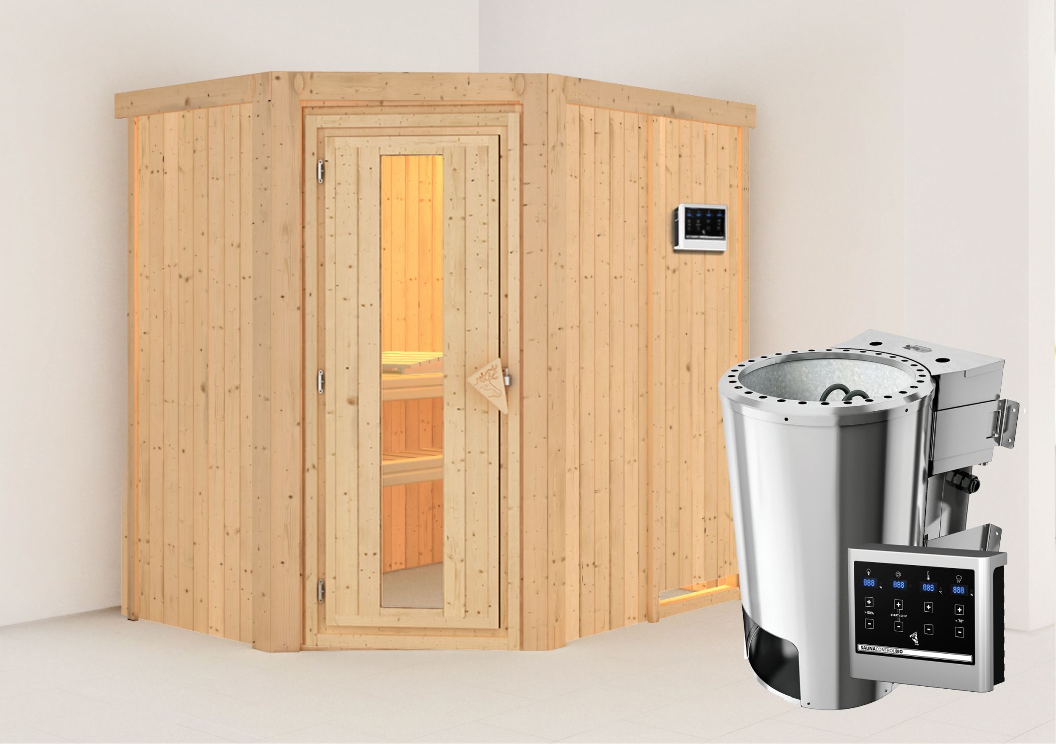 Außenansicht der Karibu Sauna Saja aus nordischer Fichte mit isolierter Holztür und Fronteinstieg