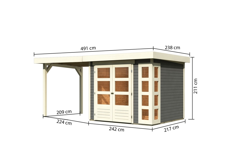 Bemaßte Maßzeichnung des Karibu Gerätehaus Kerko 3 mit Anbaudach, 508 × 238 cm