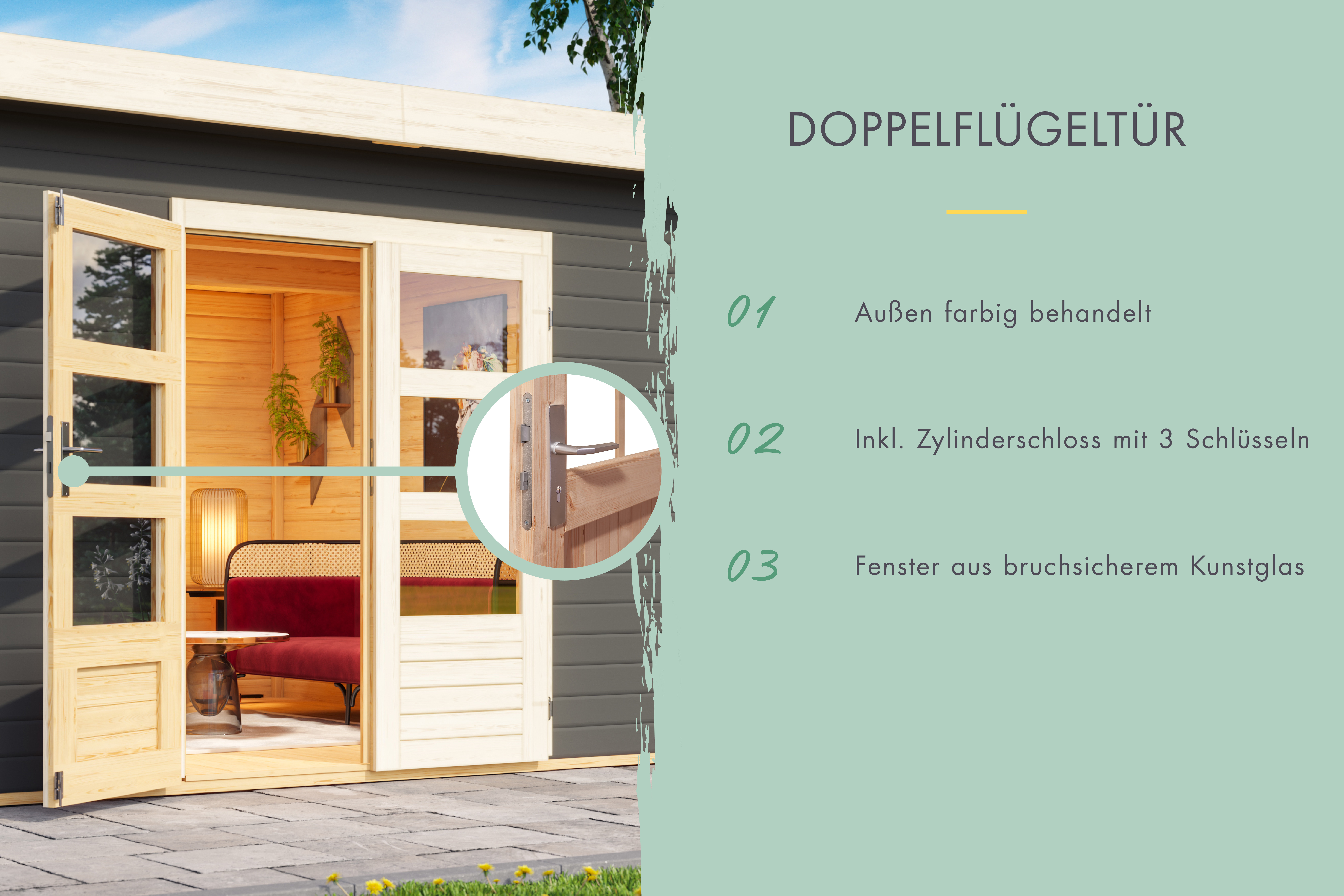Doppelflügeltür des Karibu Gartenhaus Kandern 1 mit Zylinderschloss und Kunstglas