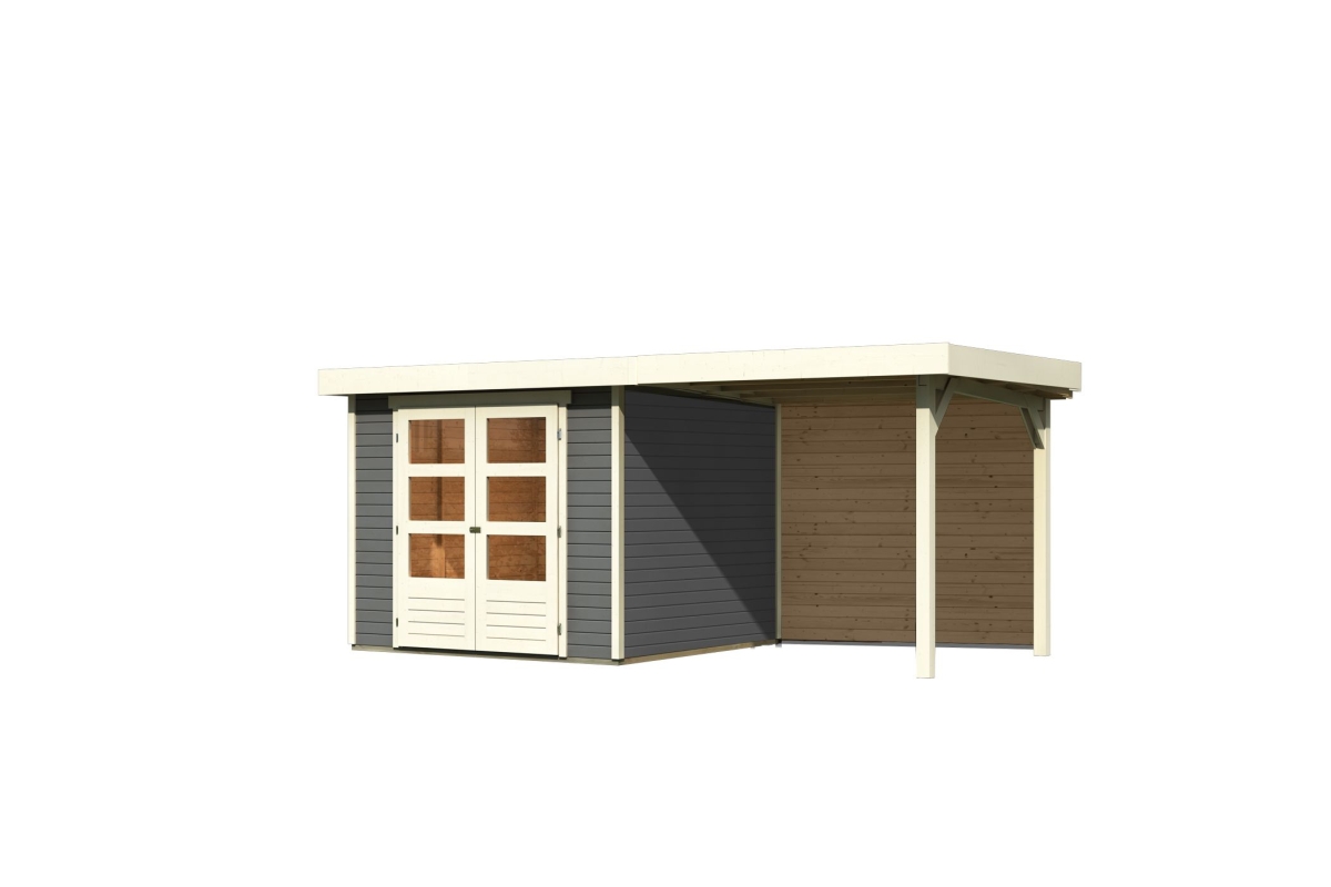 Karibu Gerätehaus Askola 3,5 in Terragrau und Anbaudach, Freisteller