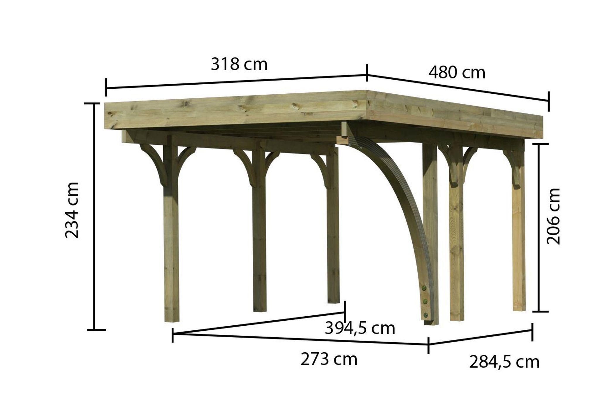 Maßzeichnung des Karibu Einzelcarport Classic 1 mit Dachmaß 318 × 480 cm und Durchfahrtshöhe 206 cm