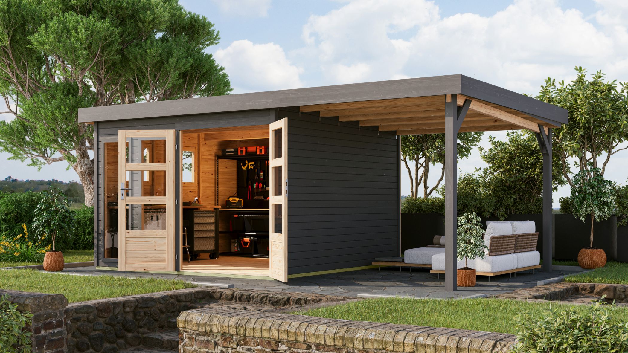 Karibu großes Gerätehaus Lahar 6 in Terragrau komplett und Anbaudach im Garten