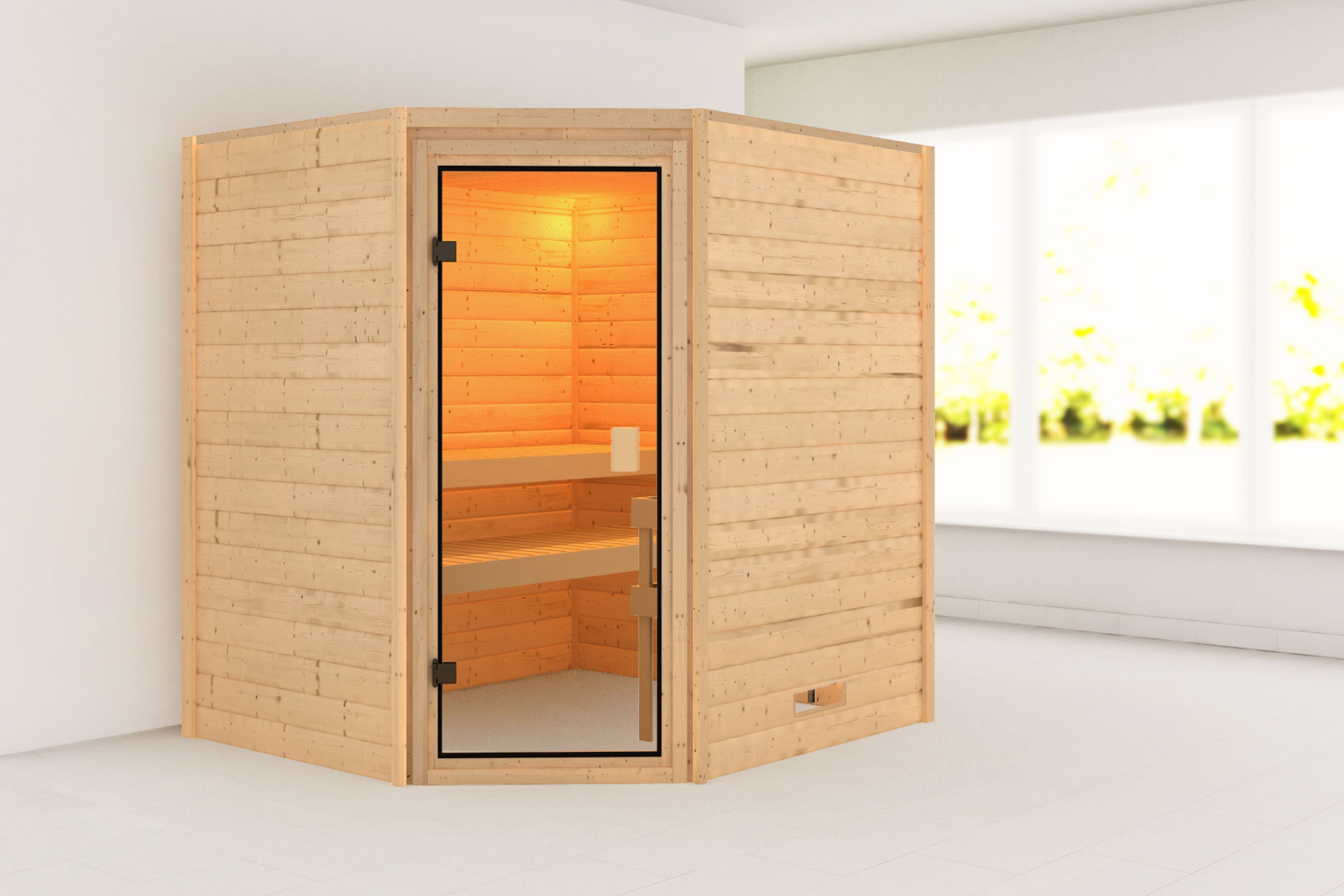 Außenansicht der Karibu Sauna Mia aus nordischer Fichte mit bronzierter Ganzglastür und Fronteinstieg