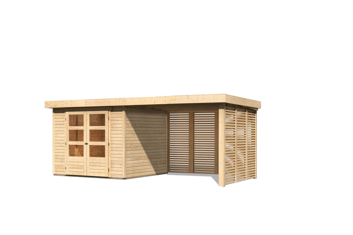 Karibu Gerätehaus Askola 3,5 in Naturbelassen und Anbaudach, Freisteller