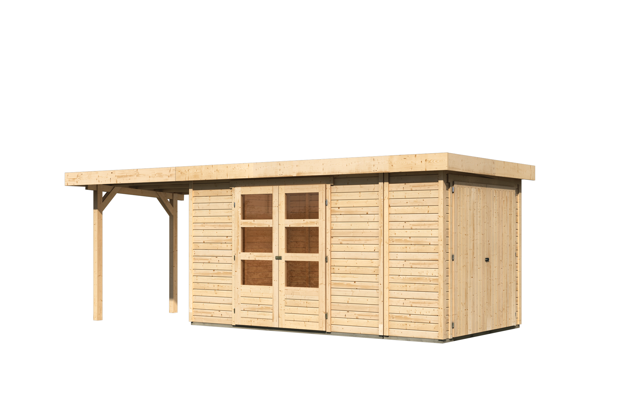 Karibu großes Gerätehaus Retola 5 in Naturbelassen und Anbaudach, Freisteller