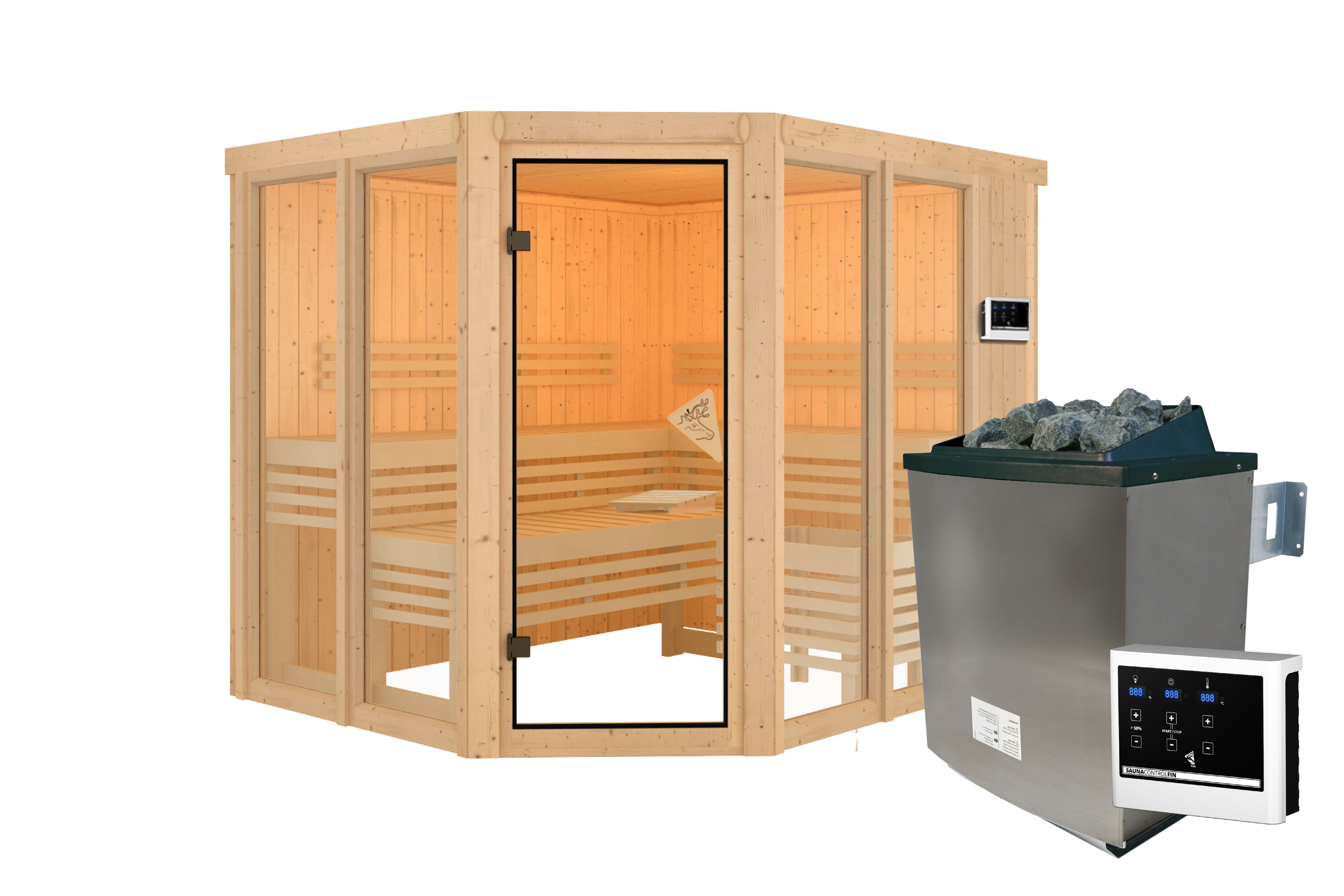 Innenansicht der Karibu Sauna Ainur mit Liegen und Kopfstütze aus hellem Espenholz