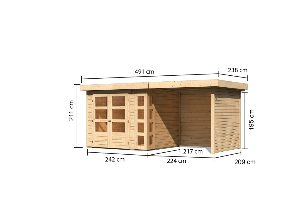 Bemaßte Maßzeichnung des Karibu Gerätehaus Kerko 3 mit Anbaudach, 508 × 238 cm