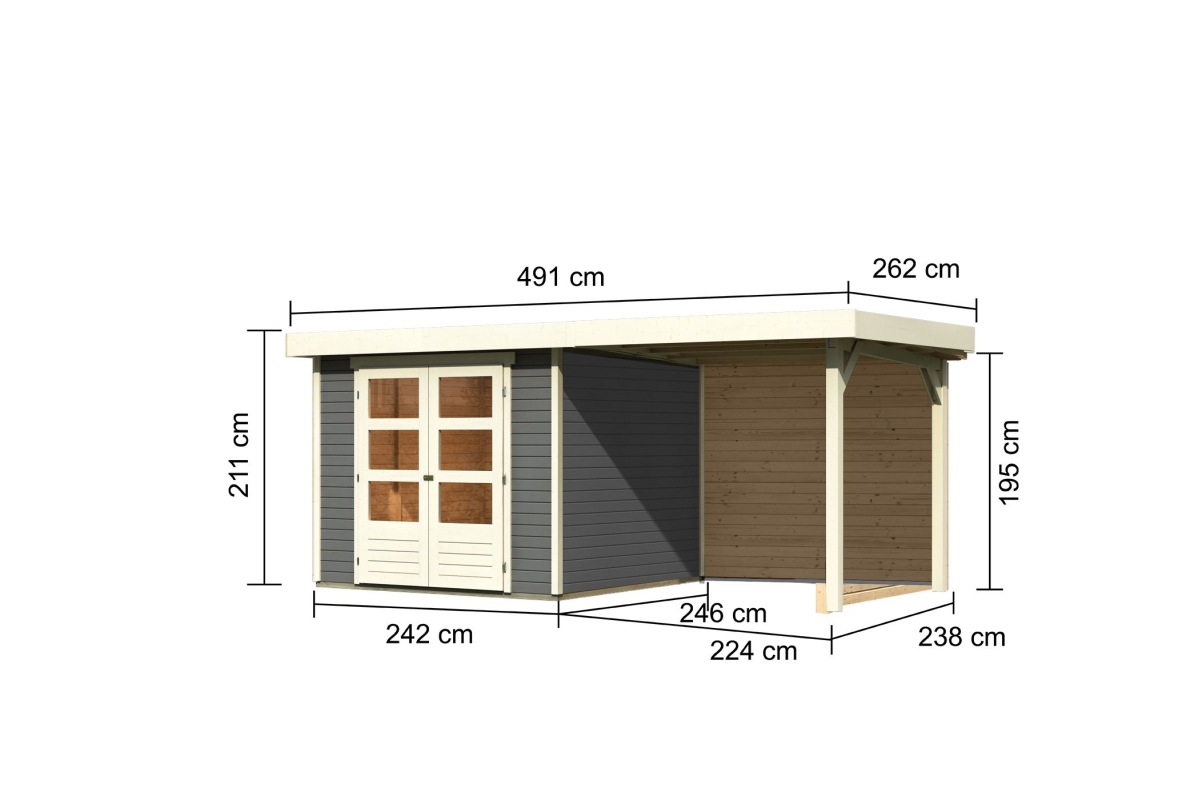 Bemaßte Maßzeichnung des Karibu Gerätehaus Askola 3,5 mit Anbaudach, 491 × 262 cm