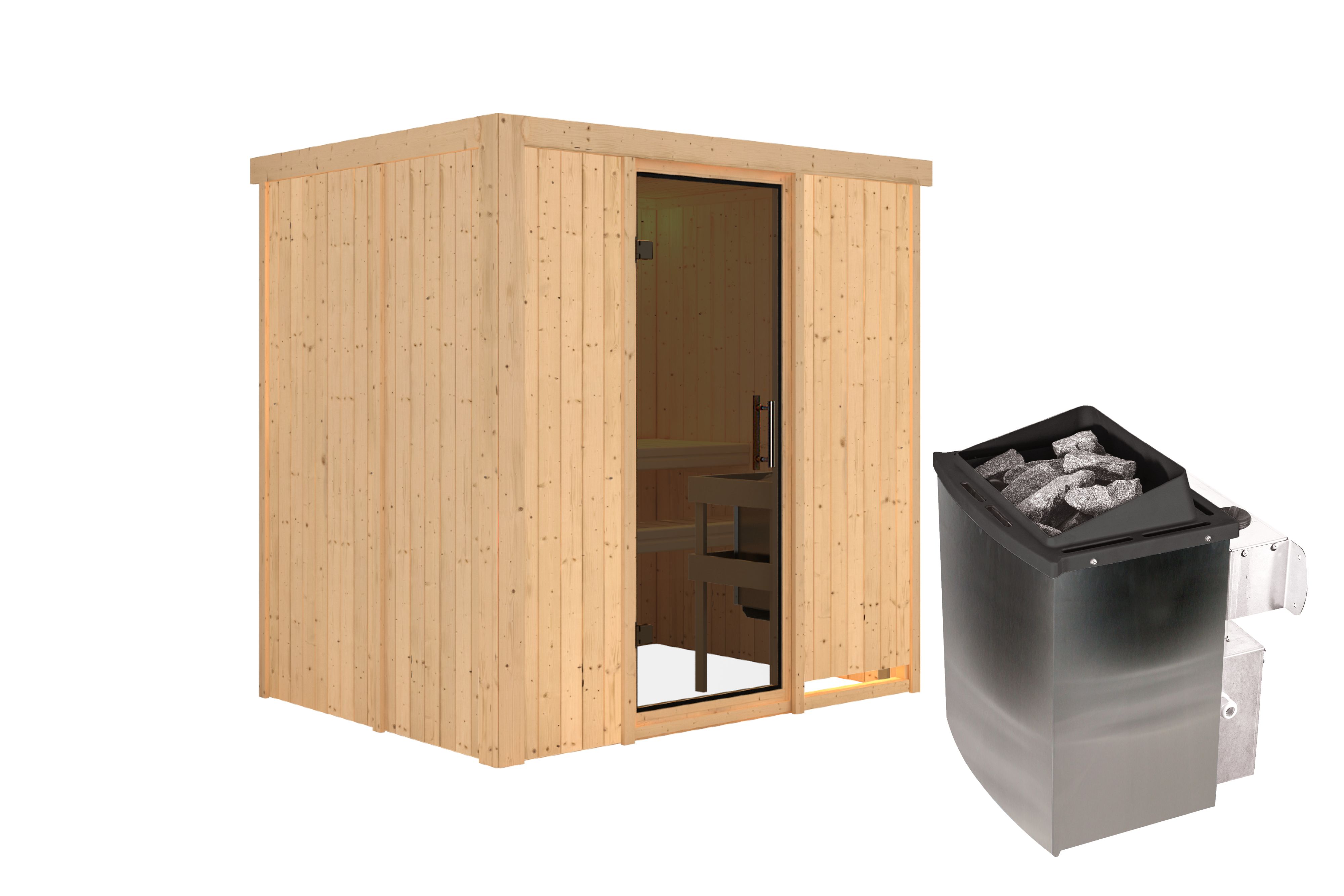 Innenansicht der Karibu Sauna Bodin mit Liegen und Kopfstütze aus hellem Espenholz
