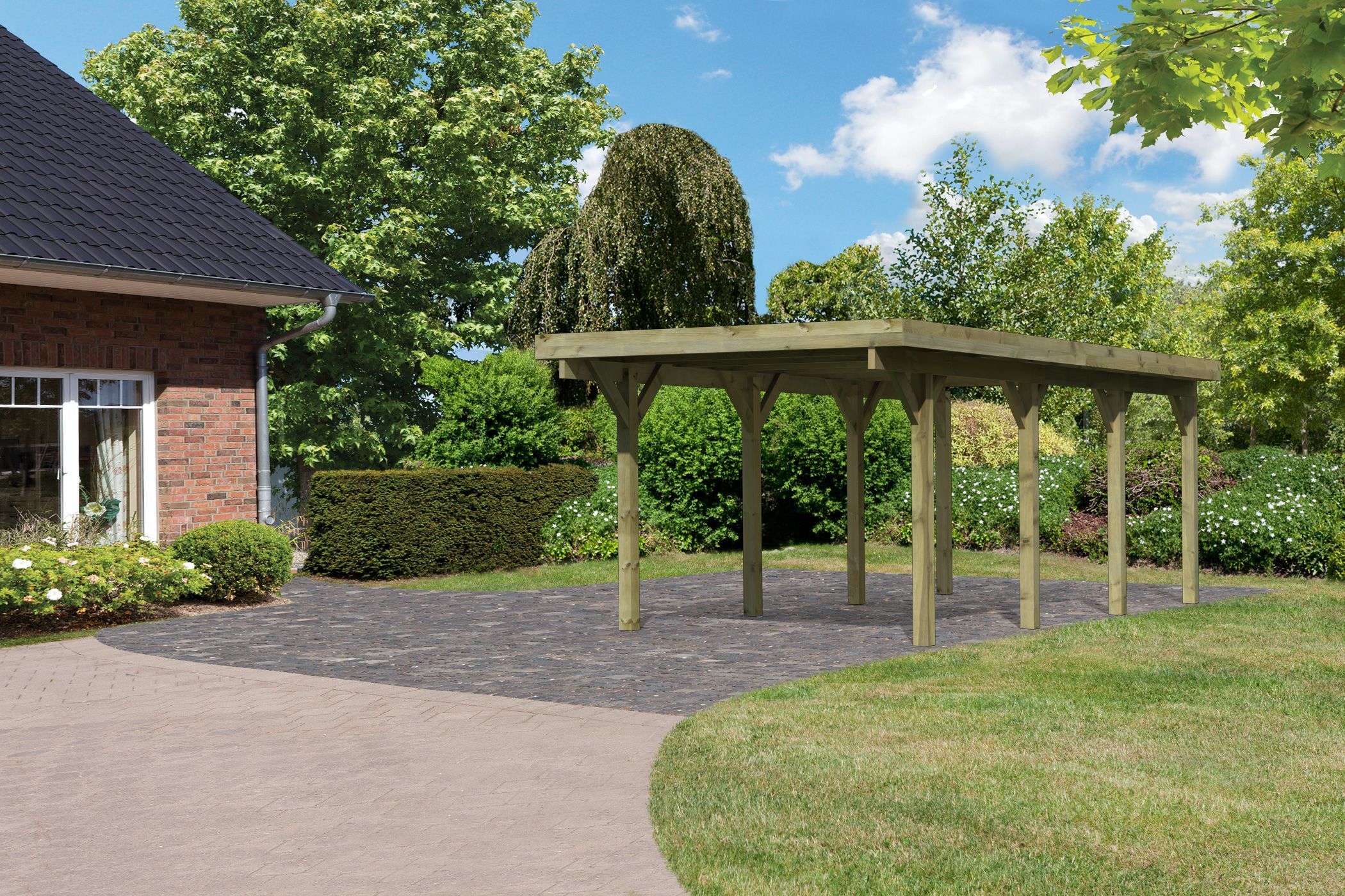 Außenansicht des Karibu Einzelcarport Classic 2 aus KDI-Massivholz mit Flachdach im Garten aufgebaut