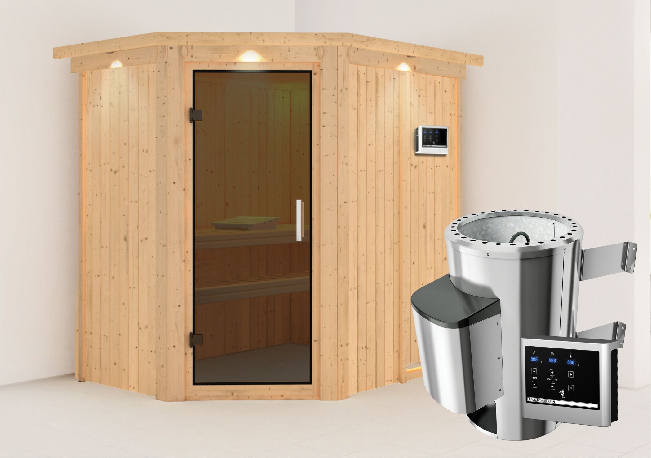 Außenansicht der Karibu Sauna Saja aus nordischer Fichte mit Ganzglastür und Fronteinstieg