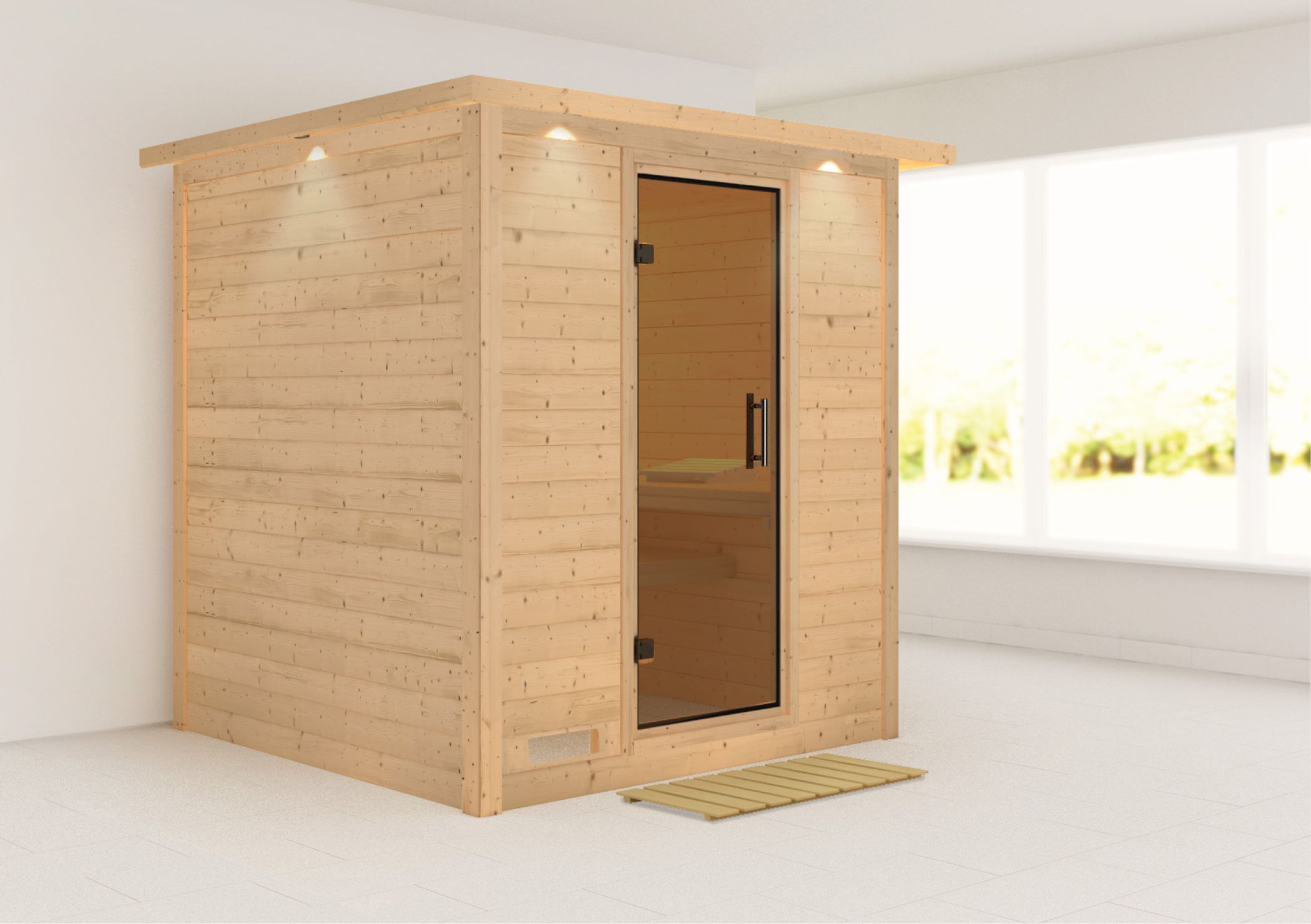 Außenansicht der Karibu Sauna Mojave aus nordischer Fichte mit graphitfarbener Ganzglastür und Fronteinstieg