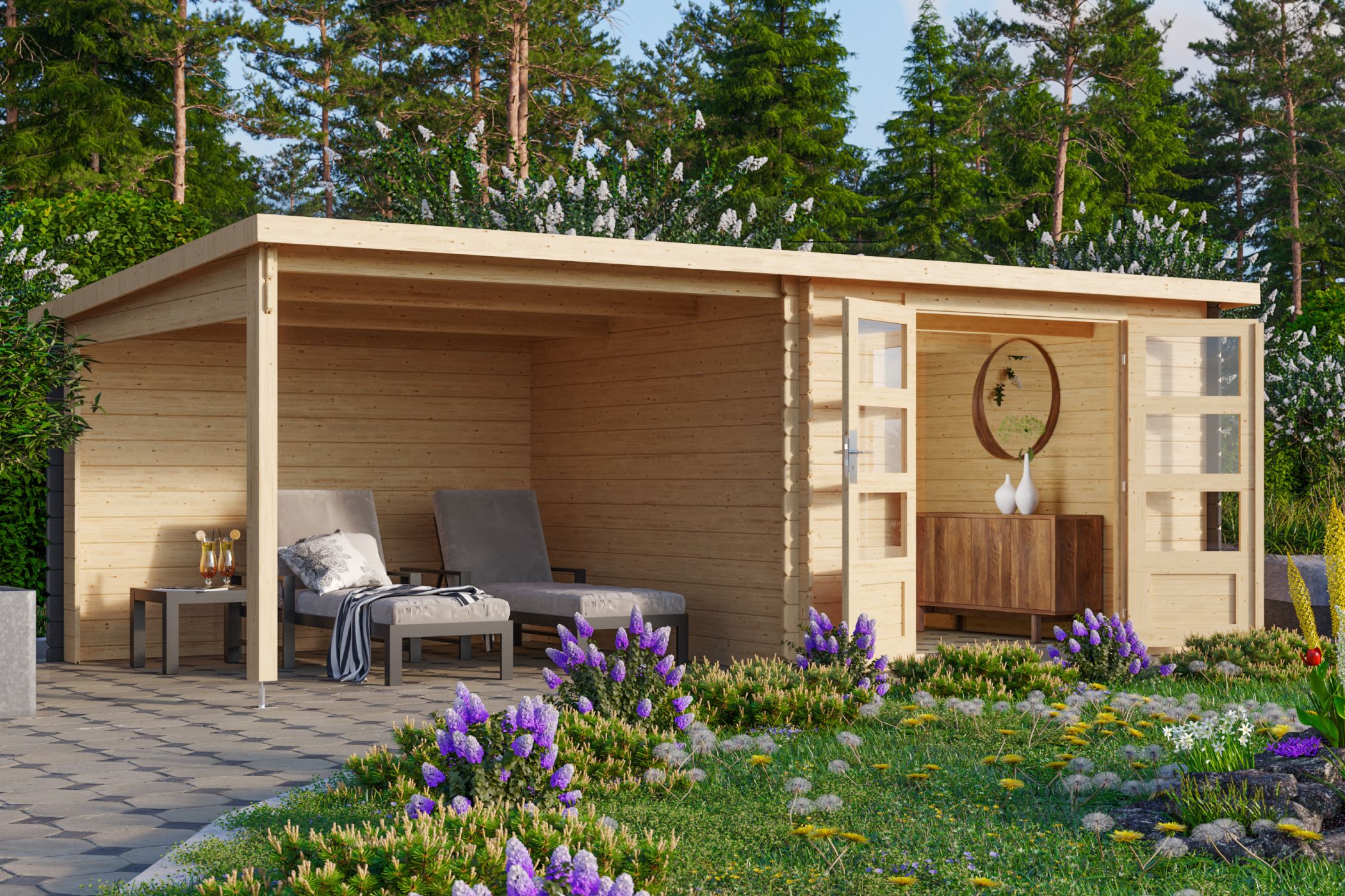 Holzhaus, Gartenlaube, Pavillon, Outdoor-Lounge, Holzstruktur