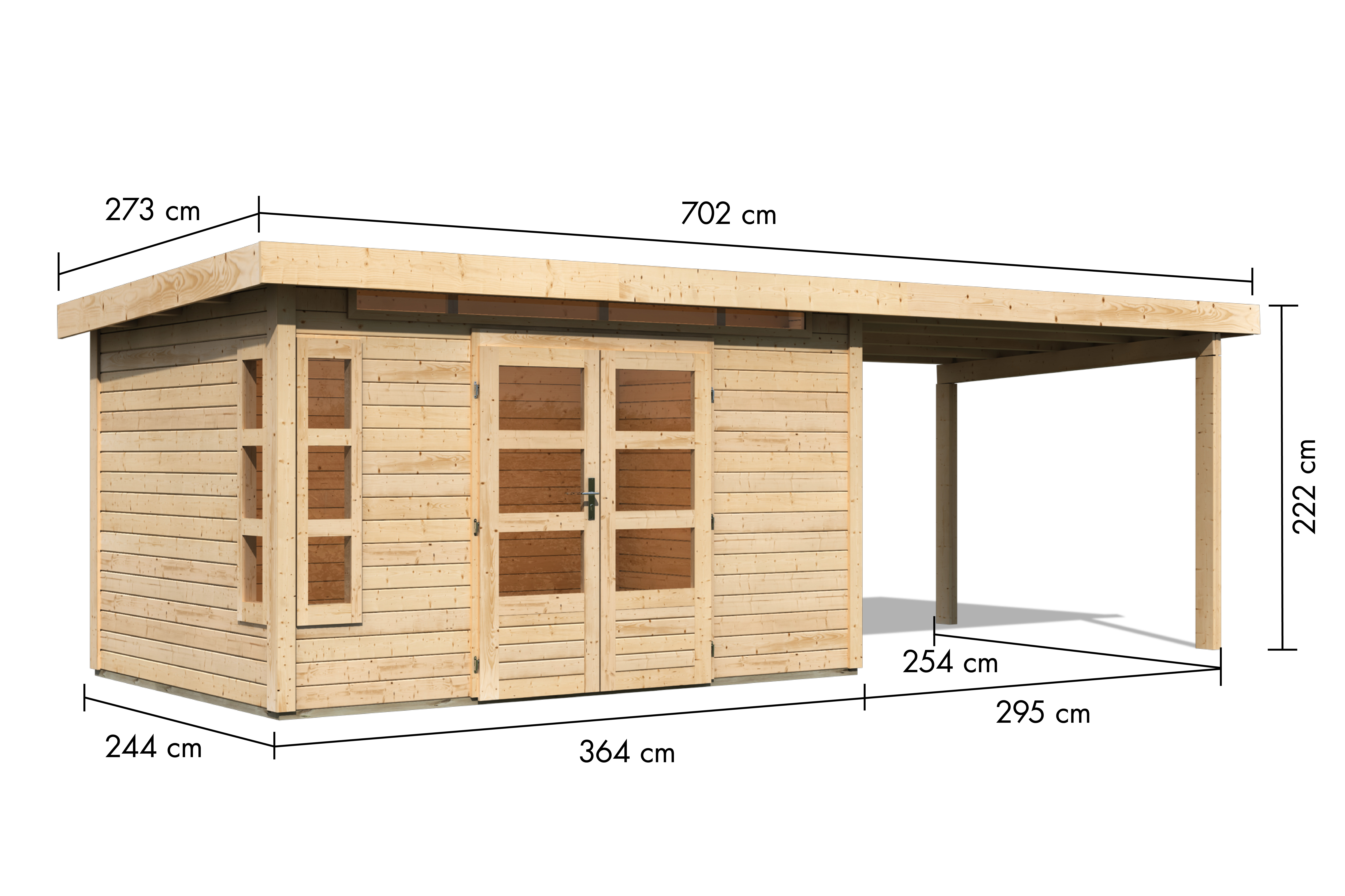 Bemaßte Maßzeichnung des Karibu Gartenhaus Kastorf 7 mit Anbaudach, 702 × 273 cm
