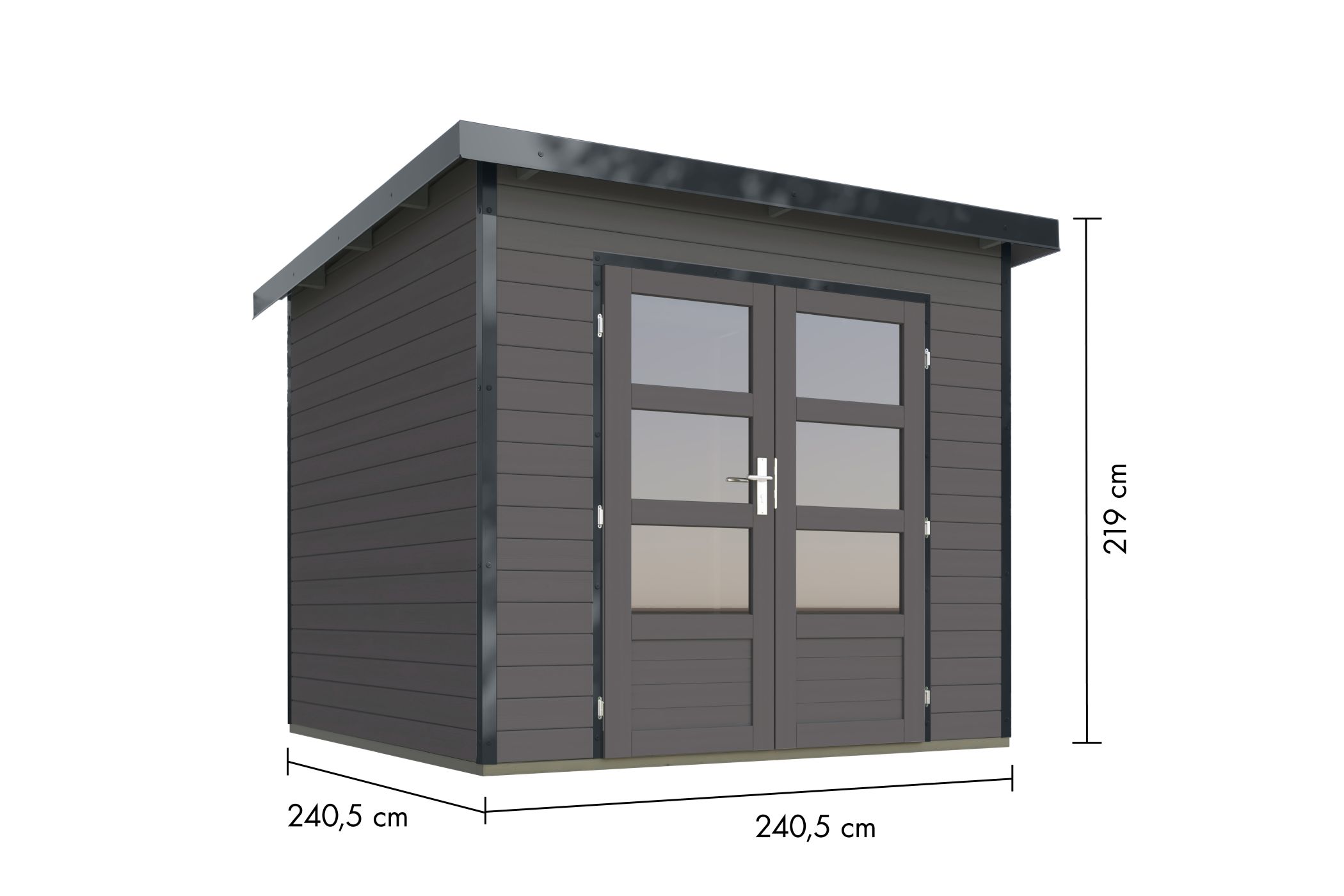 Bemaßte Maßzeichnung des Karibu Gartenhaus Holz & Metall Pluto 3, 240 × 240 cm