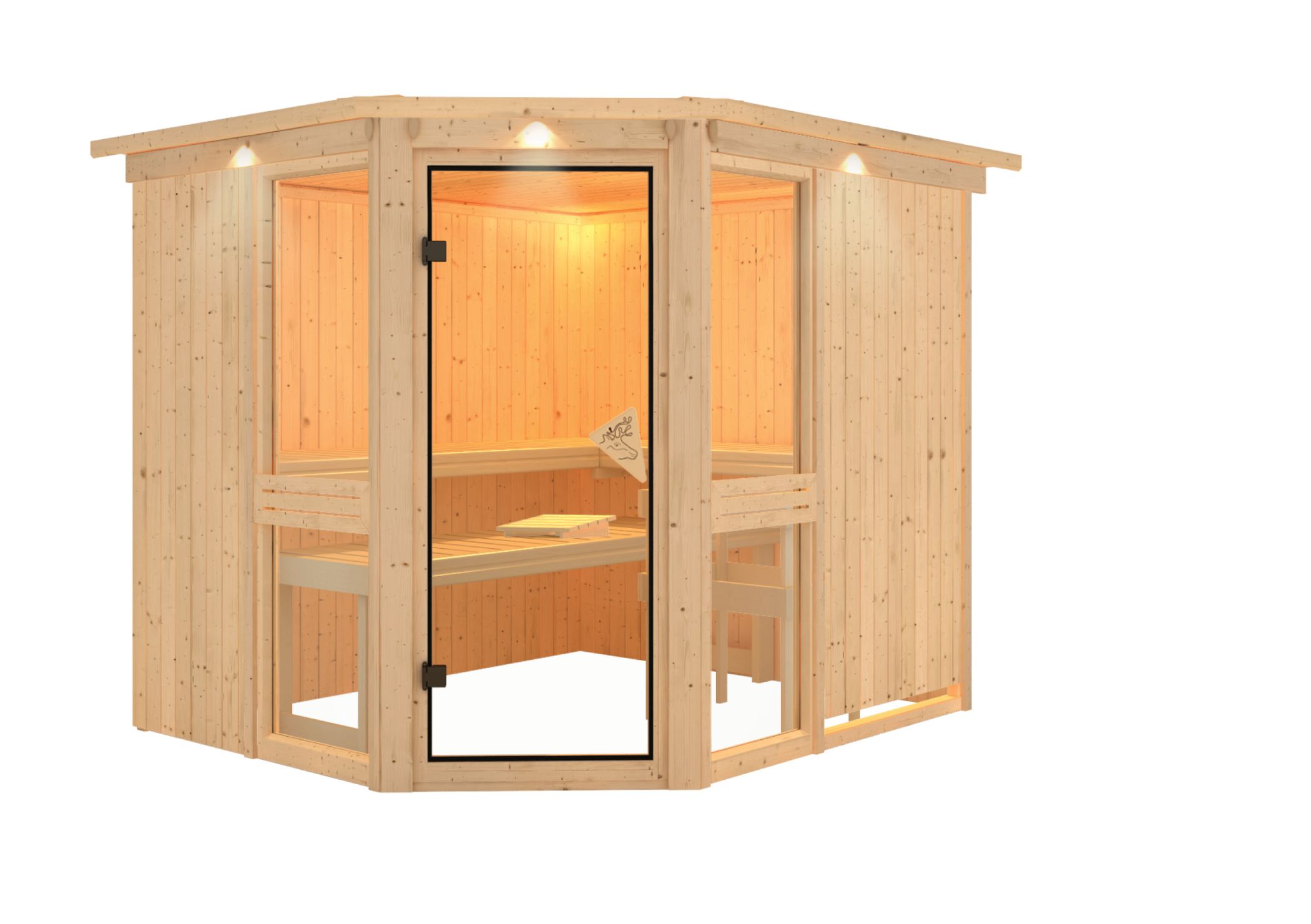 Innenansicht der Karibu Sauna Amelia 3 mit Liegen und Kopfstütze aus hellem Espenholz