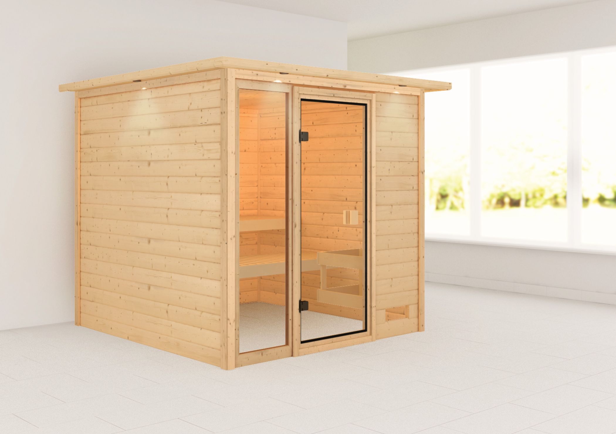 Außenansicht der Karibu Sauna Jutta aus nordischer Fichte mit Ganzglastür und Fronteinstieg