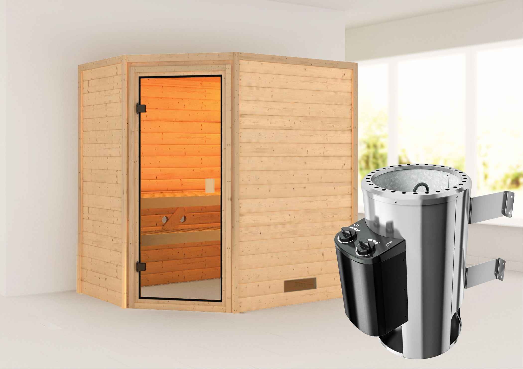 Außenansicht der Karibu Sauna Jella aus nordischer Fichte mit Ganzglastür und Fronteinstieg