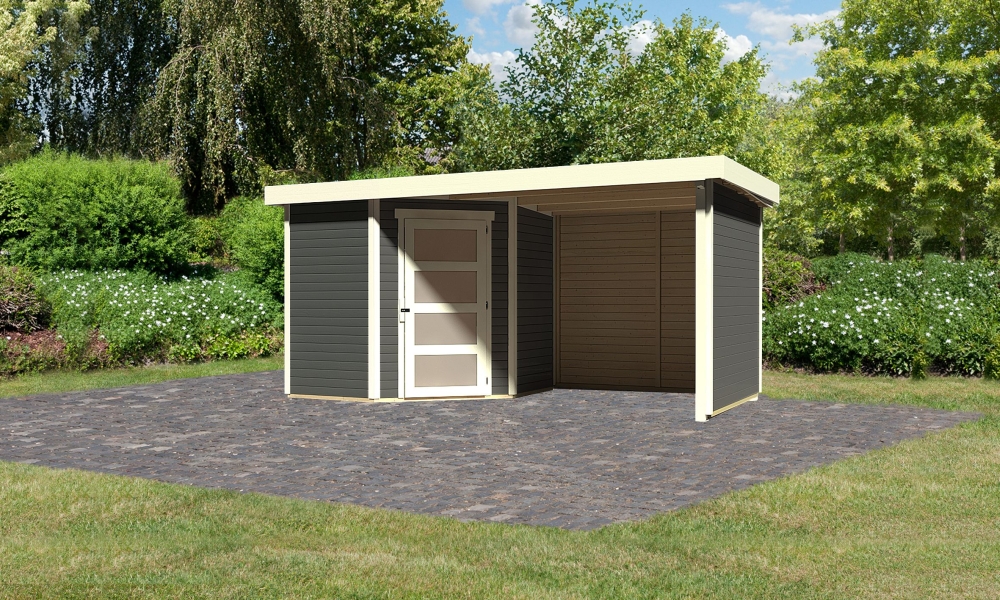 Karibu Gerätehaus Schwandorf 3 in Terragrau und Anbaudach, Außenansicht