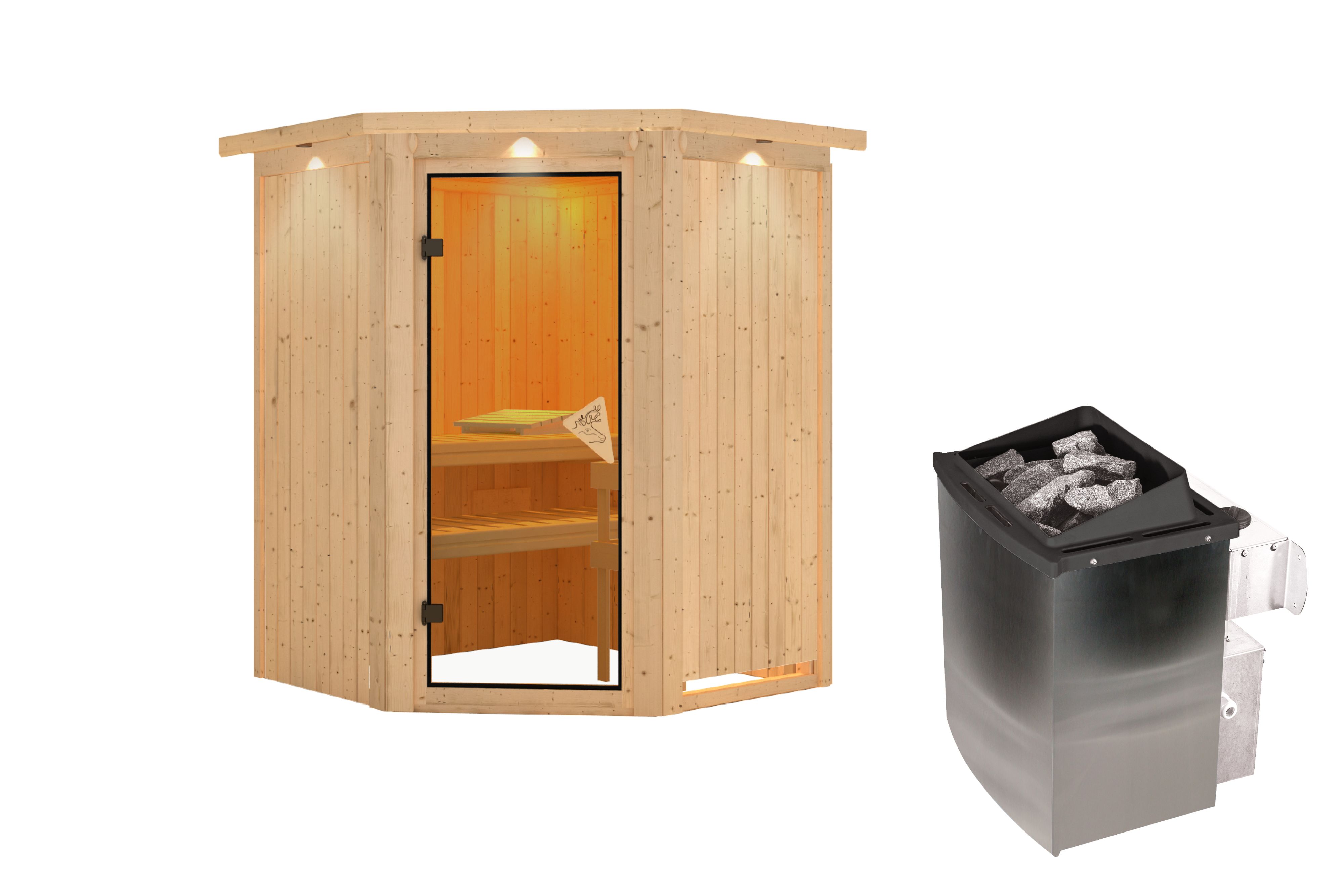 Innenansicht der Karibu Sauna Larin mit Liegen und Kopfstütze aus hellem Espenholz