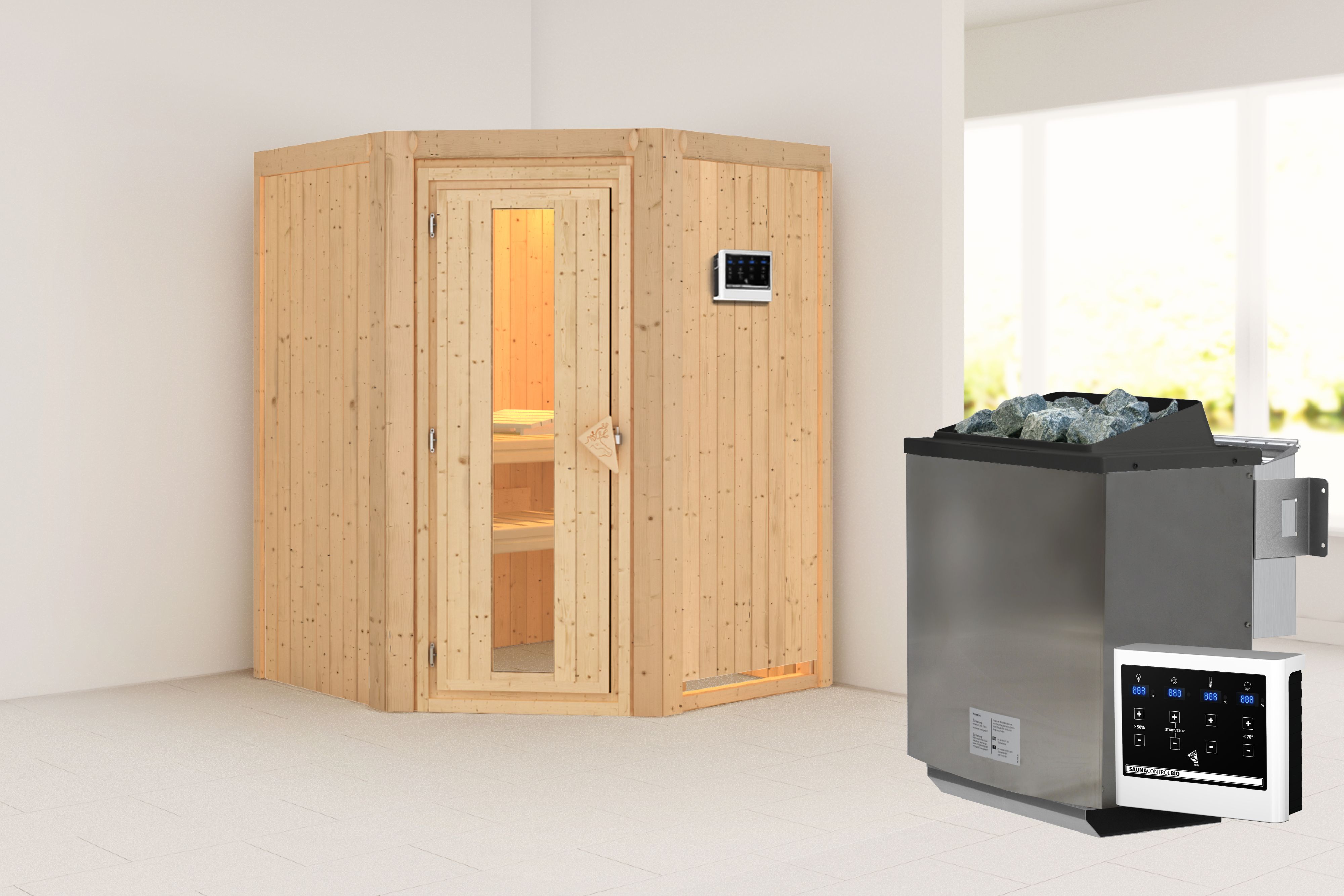 Außenansicht der Karibu Sauna Larin aus nordischer Fichte mit isolierter Holztür und Fronteinstieg