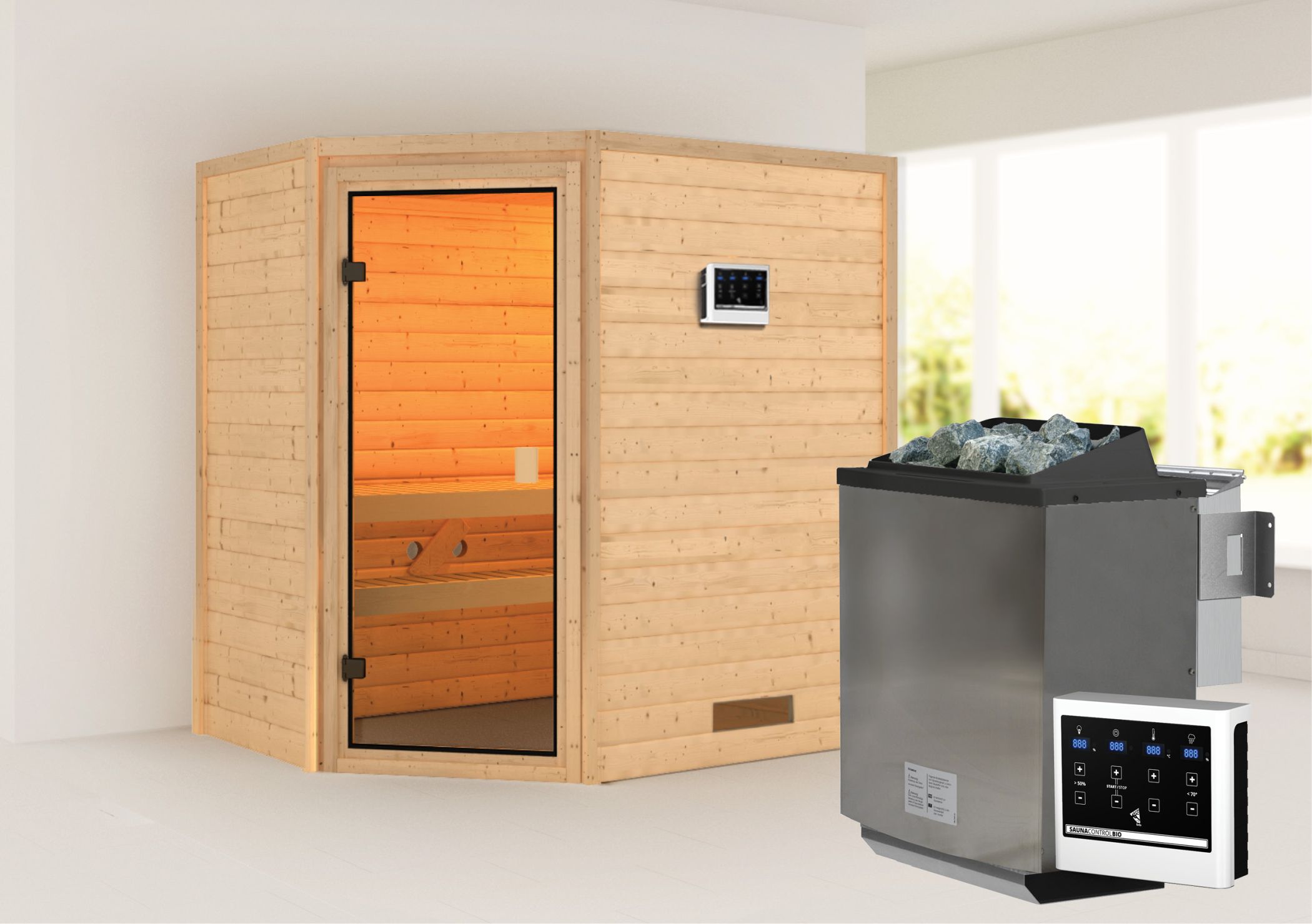 Außenansicht der Karibu Sauna Jella aus nordischer Fichte mit Ganzglastür und Fronteinstieg