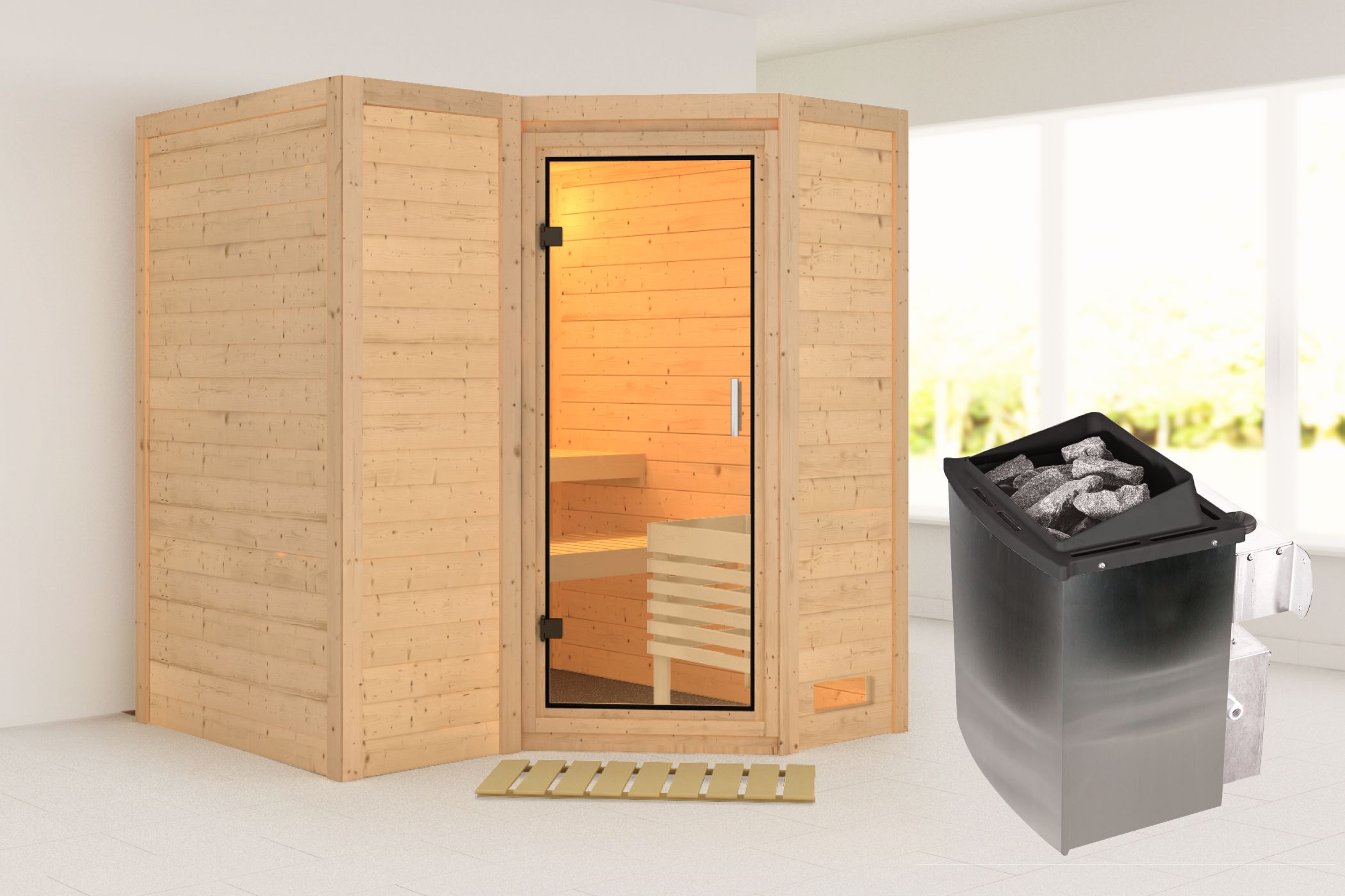 Außenansicht der Karibu Sauna Sahib 1 aus nordischer Fichte mit Klarglas-Ganzglastür und Fronteinstieg