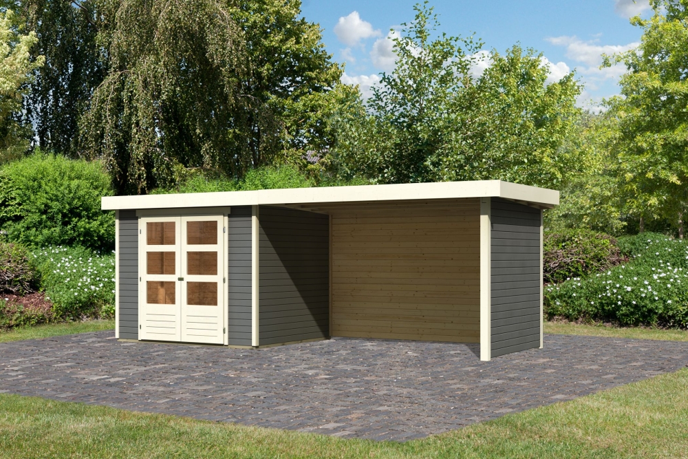 Karibu Gerätehaus Askola 3 in Terragrau und Anbaudach, Außenansicht