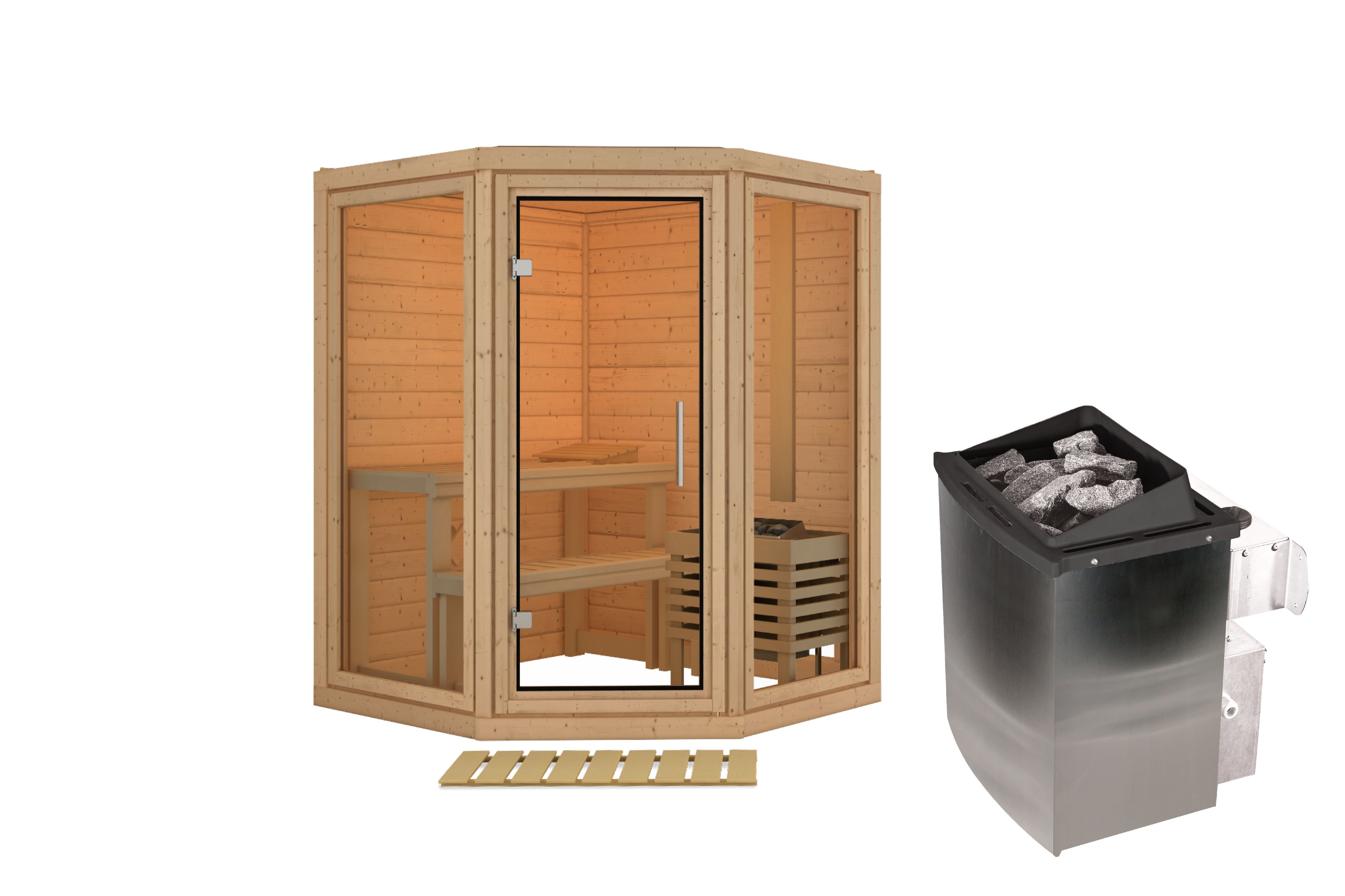 Innenansicht der Karibu Sauna Yuma mit Liegen und Kopfstütze aus hellem Espenholz