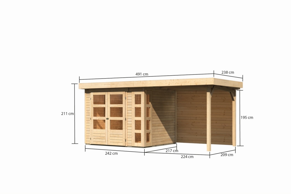 Bemaßte Maßzeichnung des Karibu Gerätehaus Kerko 3 mit Anbaudach, 508 × 238 cm
