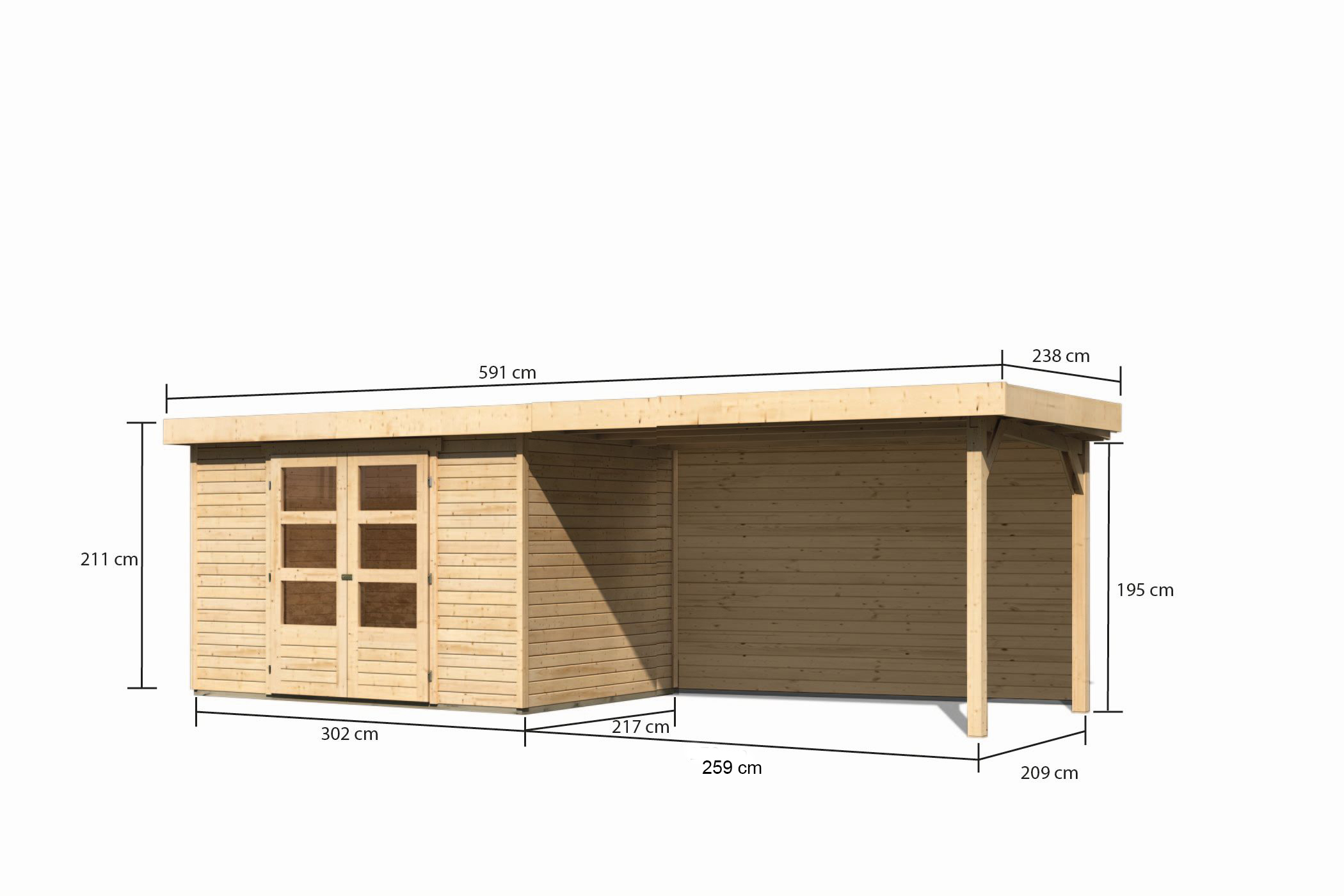 Bemaßte Maßzeichnung des Karibu Gerätehaus Askola 4 mit Anbaudach, 592 × 238 cm