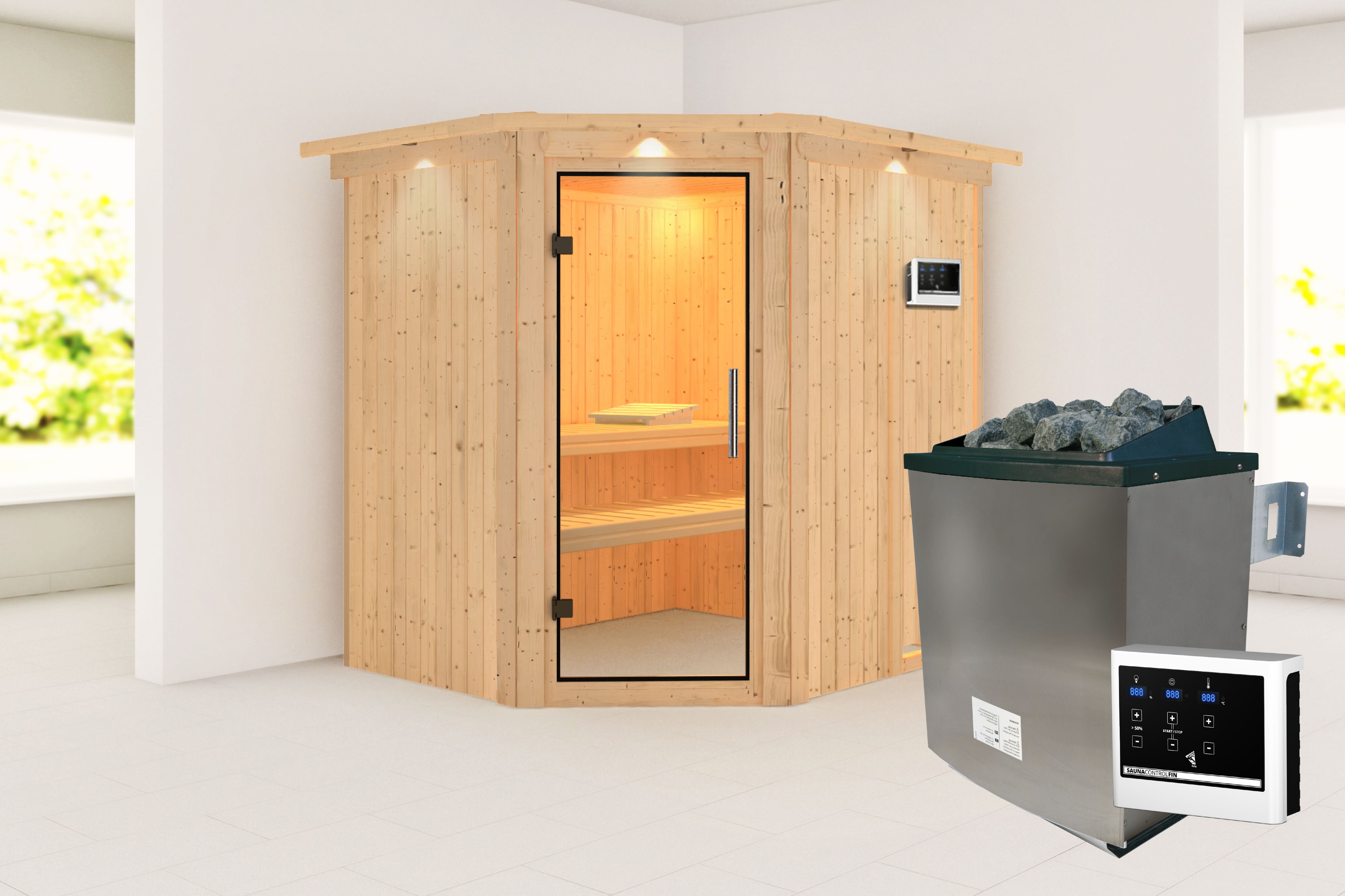 Außenansicht der Karibu Sauna Siirin aus nordischer Fichte mit Klarglas-Ganzglastür und Fronteinstieg