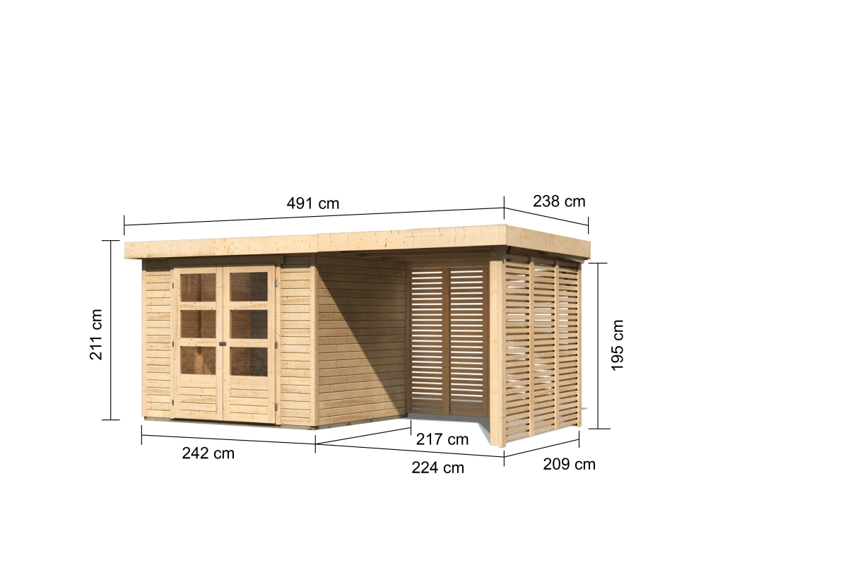 Bemaßte Maßzeichnung des Karibu Gerätehaus Askola 3 mit Anbaudach, 491 × 238 cm