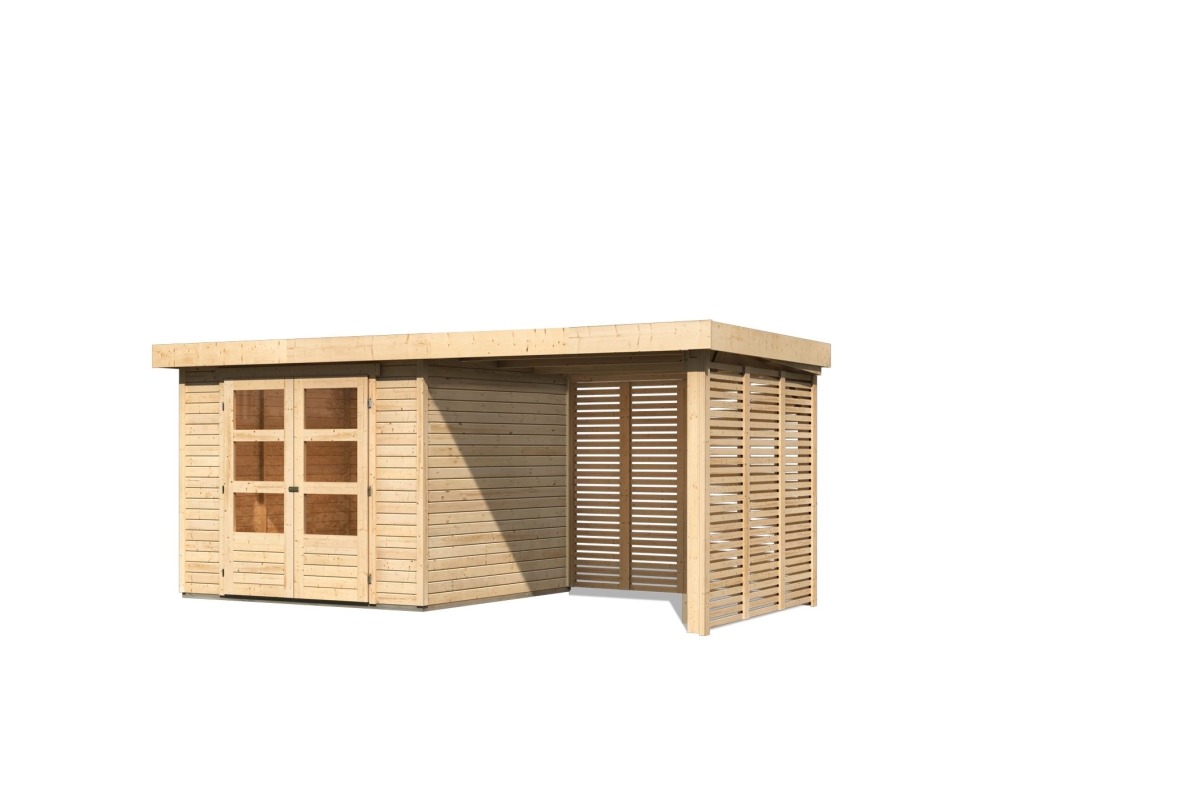 Karibu Gerätehaus Askola 3,5 in Naturbelassen und Anbaudach, Freisteller