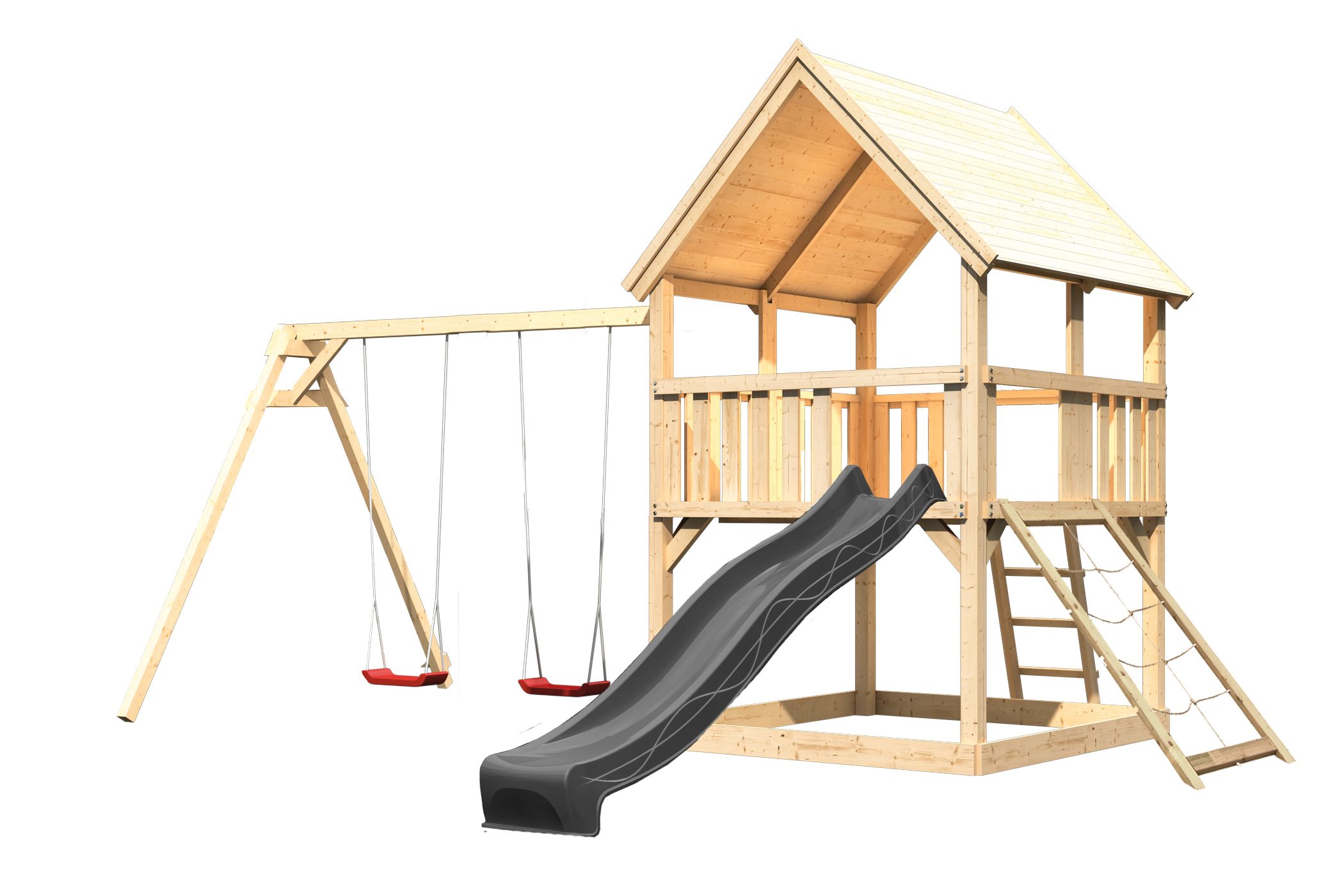 Karibu Spielgerät aus Holz mit Wellenrutsche, freigestellt