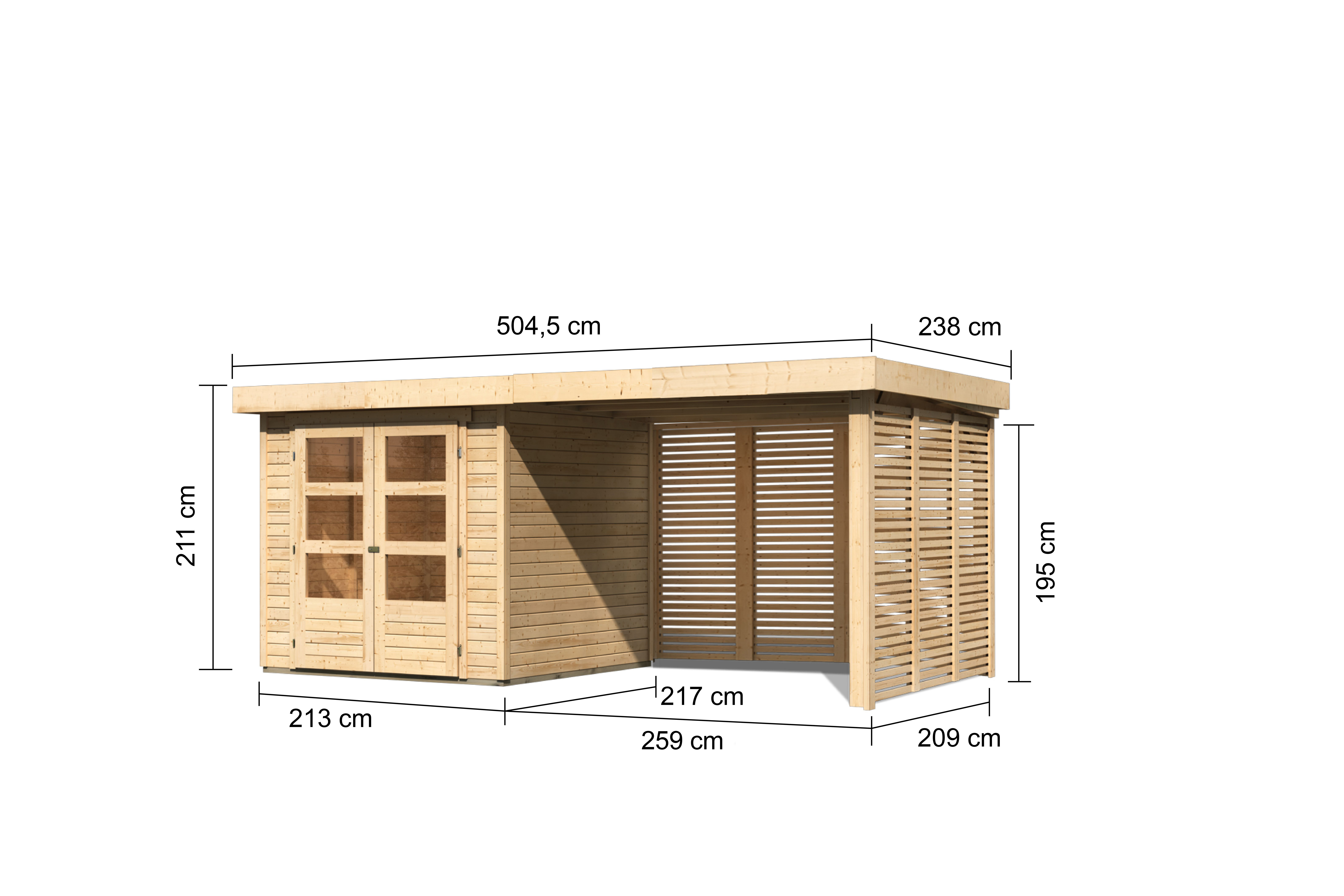Bemaßte Maßzeichnung des Karibu Gerätehaus Askola 2 mit Anbaudach, 504 × 238 cm