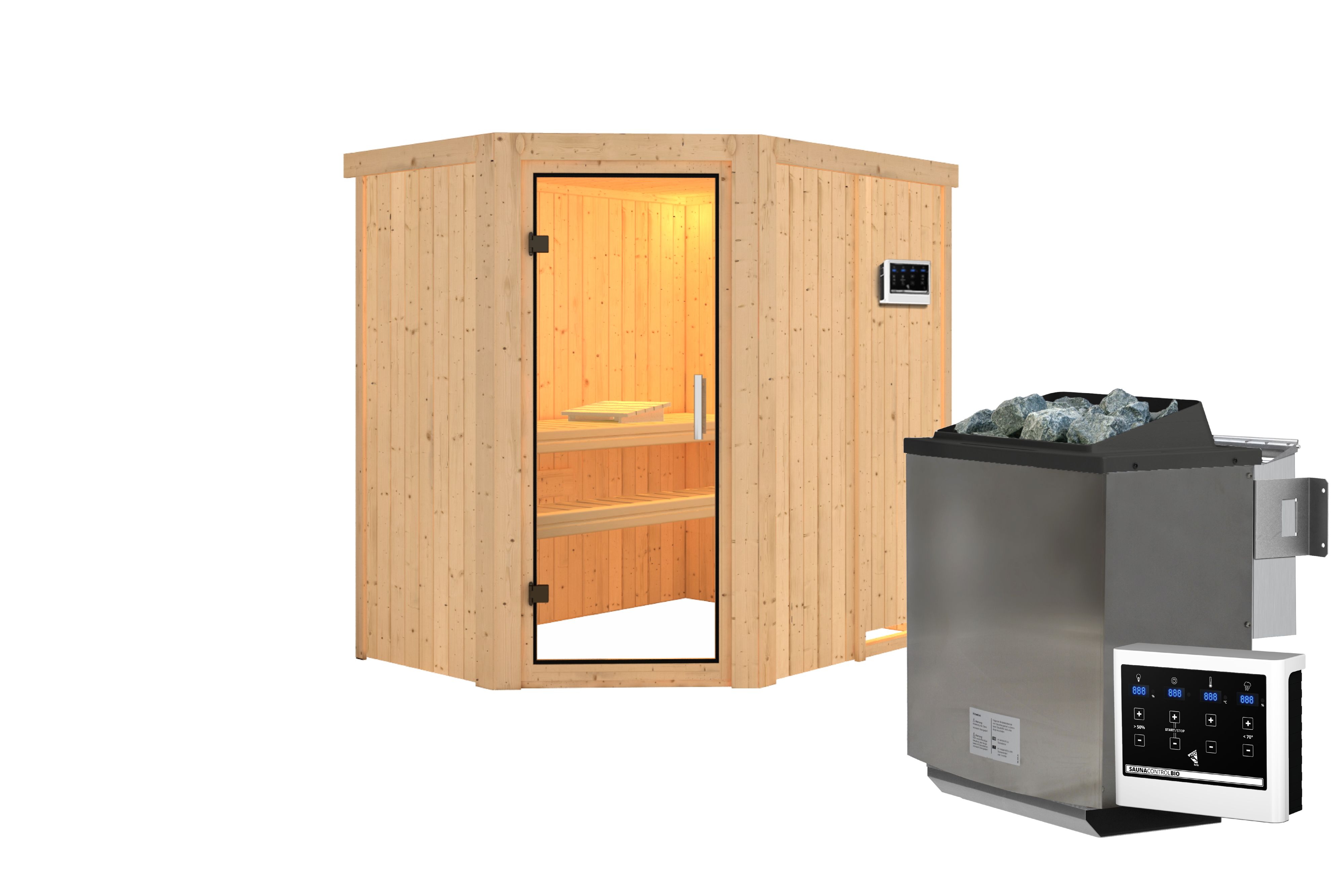 Innenansicht der Karibu Sauna Carin mit Liegen und Kopfstütze aus hellem Espenholz