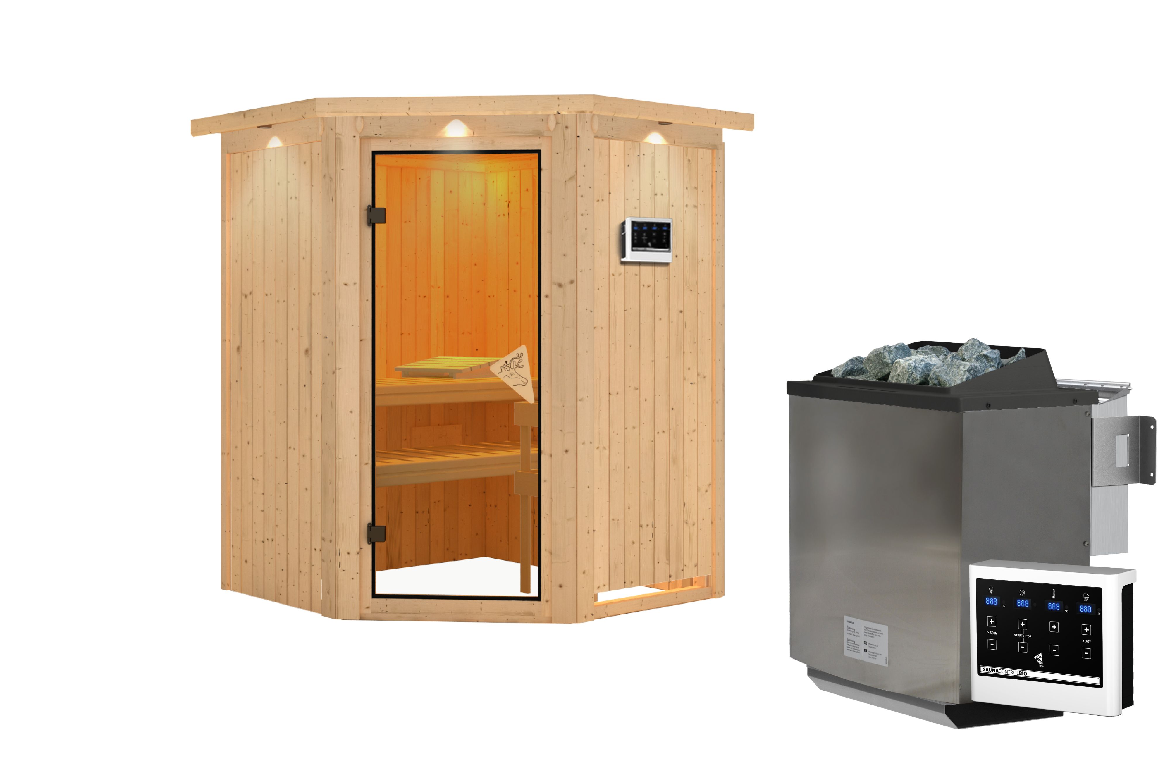 Innenansicht der Karibu Sauna Larin mit Liegen und Kopfstütze aus hellem Espenholz