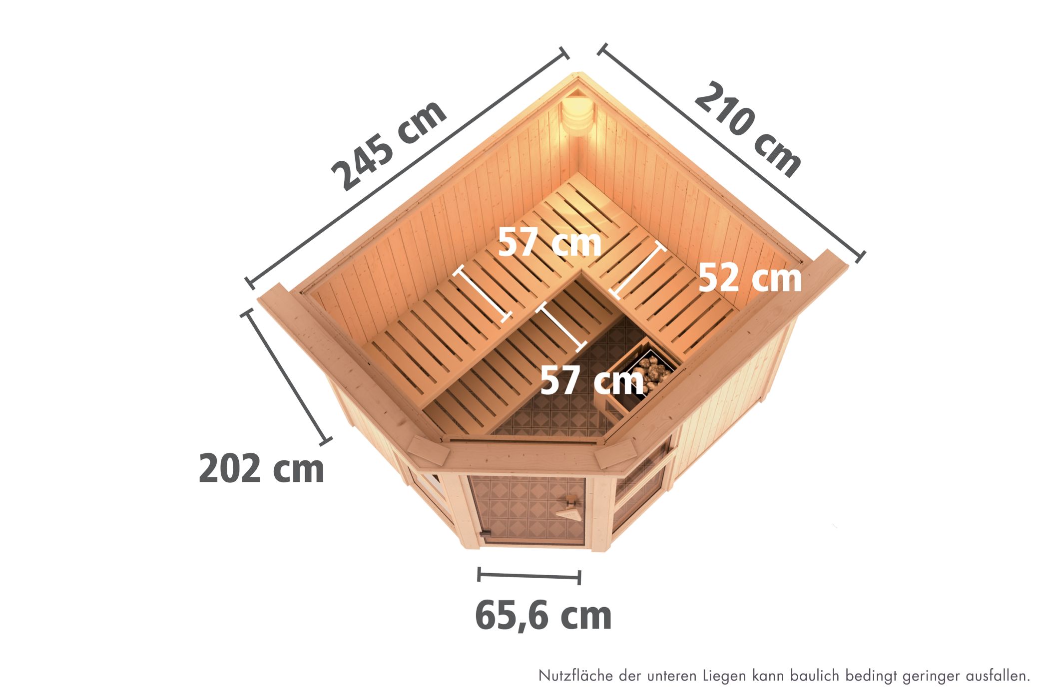 Maßzeichnung der Karibu Sauna Amelia 3 Dachkranzmodell mit Außenmaß 245 × 210 cm und Höhe 202 cm