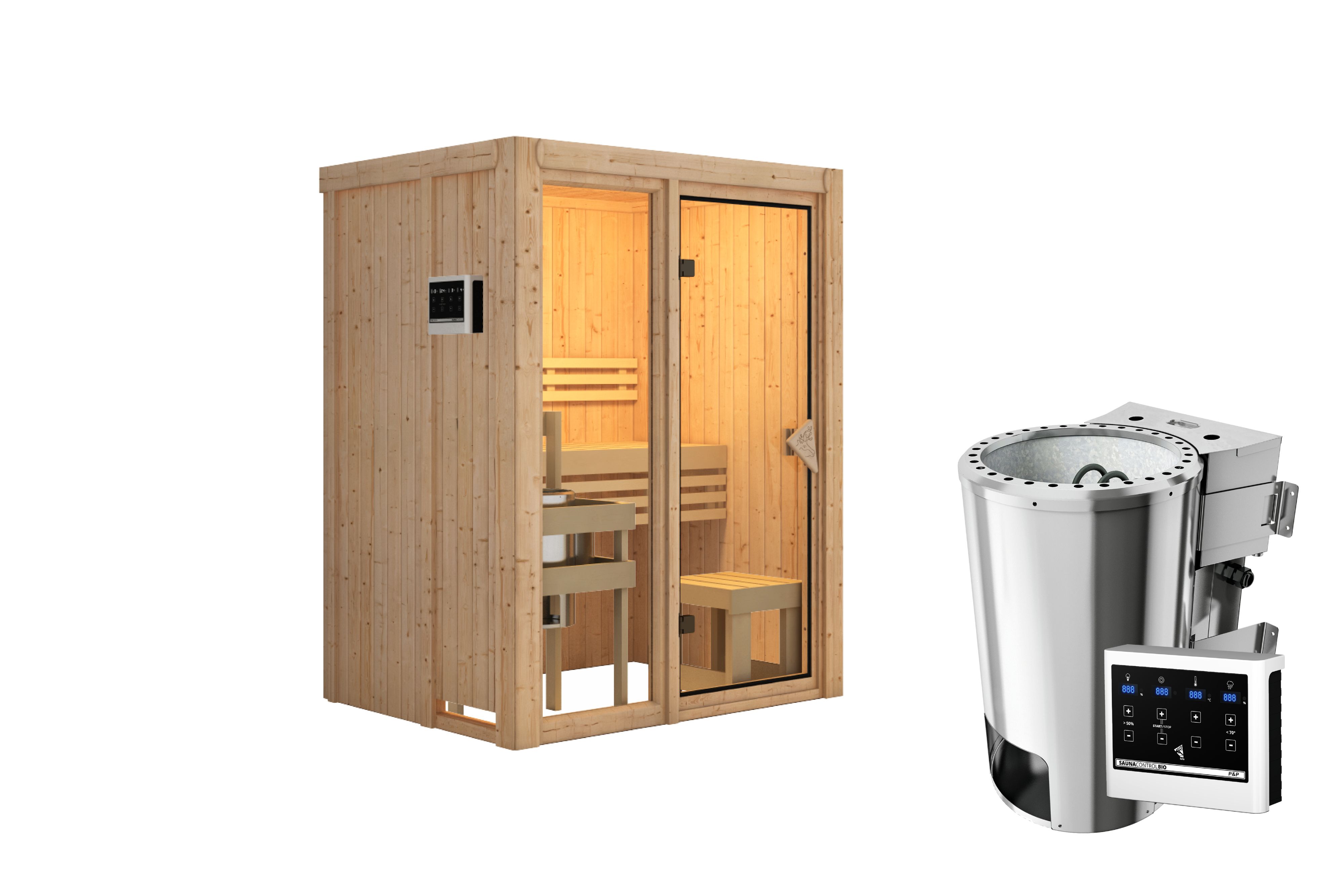 Innenansicht der Karibu Sauna Avari 1 mit Liegen und Kopfstütze aus hellem Espenholz