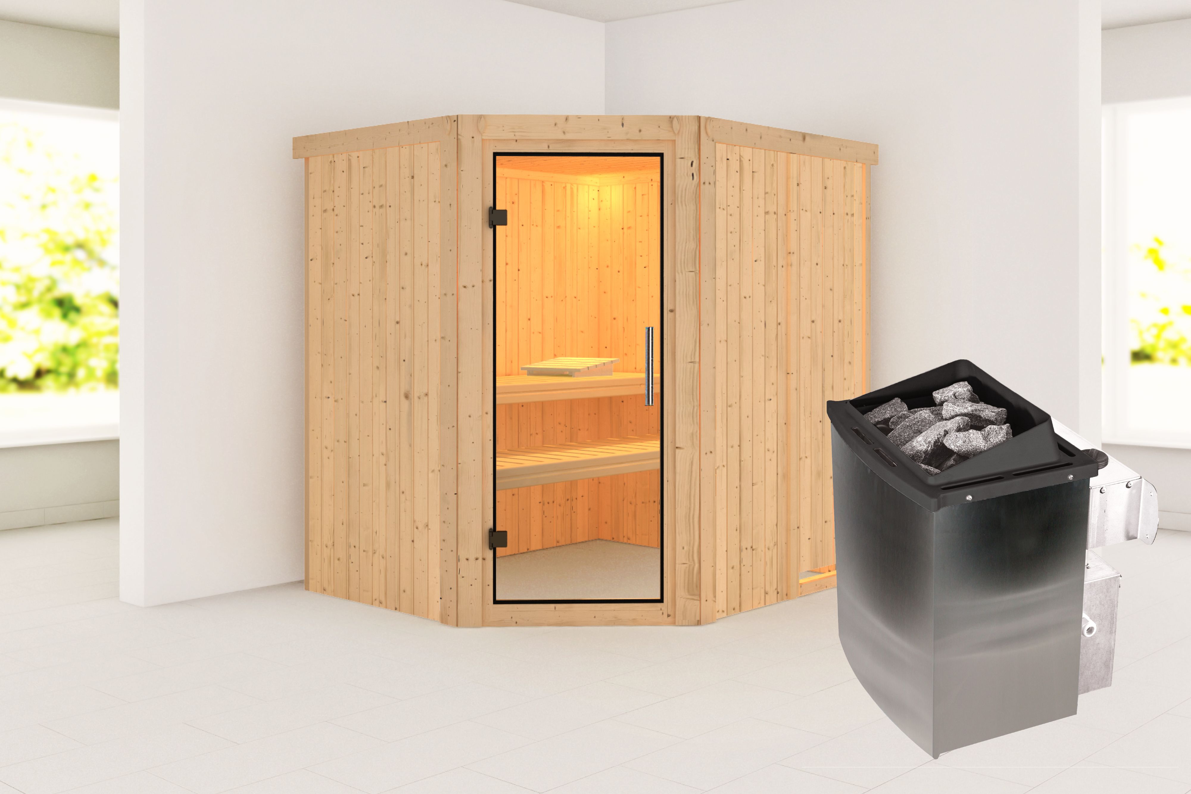 Außenansicht der Karibu Sauna Siirin aus nordischer Fichte mit Klarglas-Ganzglastür und Fronteinstieg