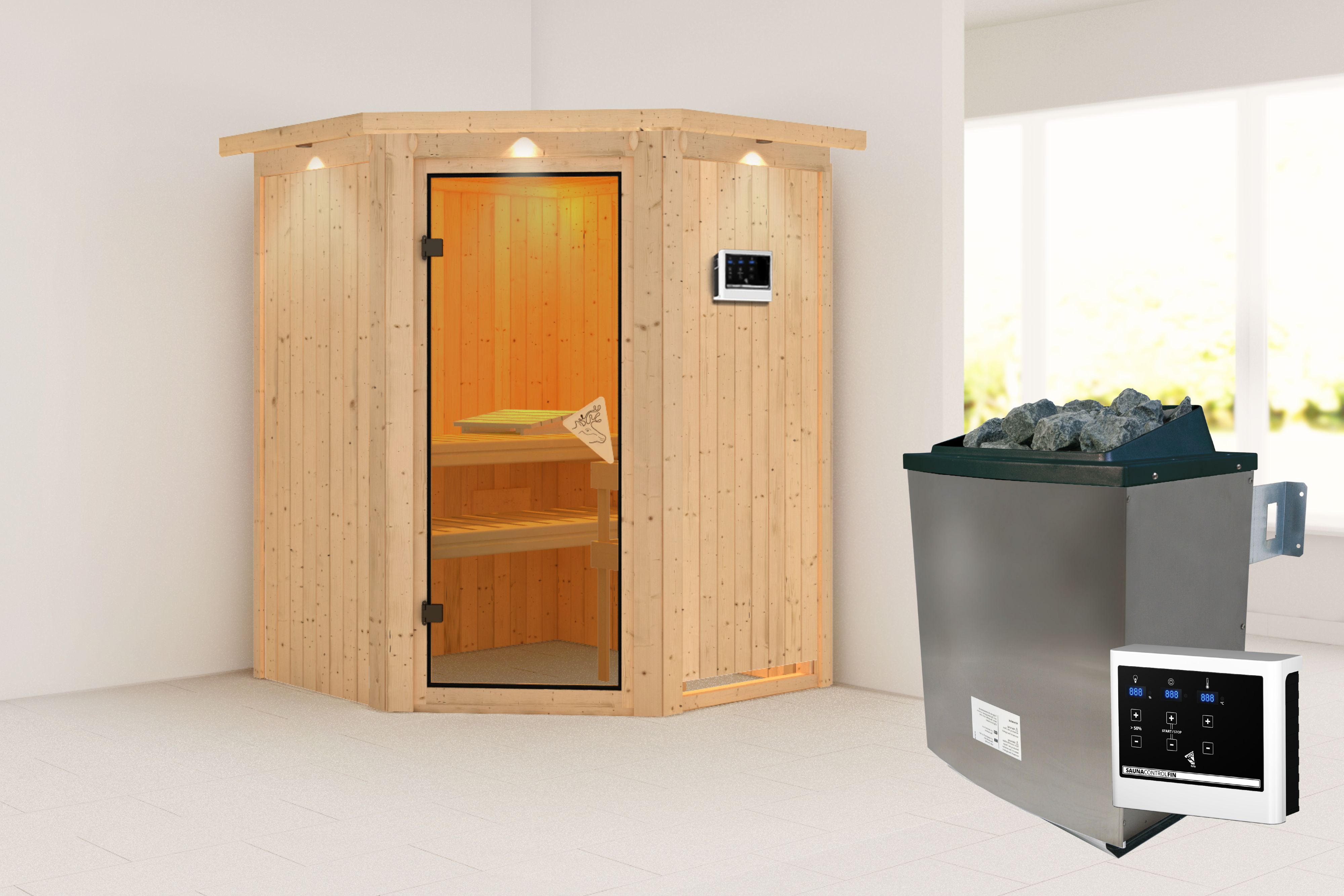 Außenansicht der Karibu Sauna Larin aus nordischer Fichte mit bronzierter Ganzglastür und Fronteinstieg