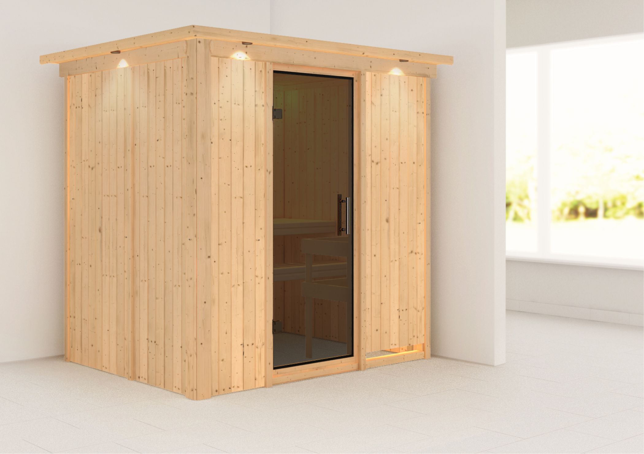 Außenansicht der Karibu Sauna Fanja aus nordischer Fichte mit graphitfarbener Ganzglastür und Fronteinstieg