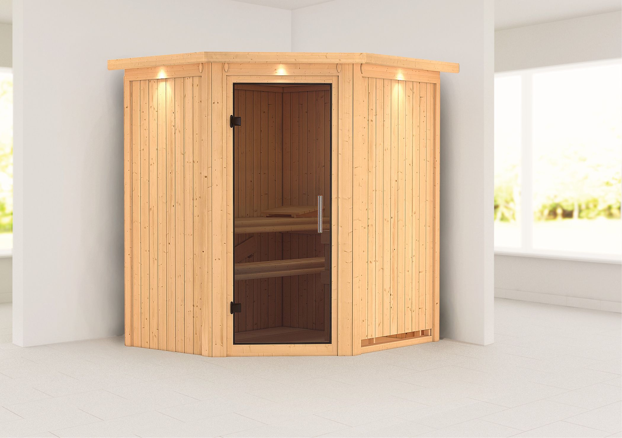 Außenansicht der Karibu Sauna Tonja aus nordischer Fichte mit Ganzglastür und Fronteinstieg